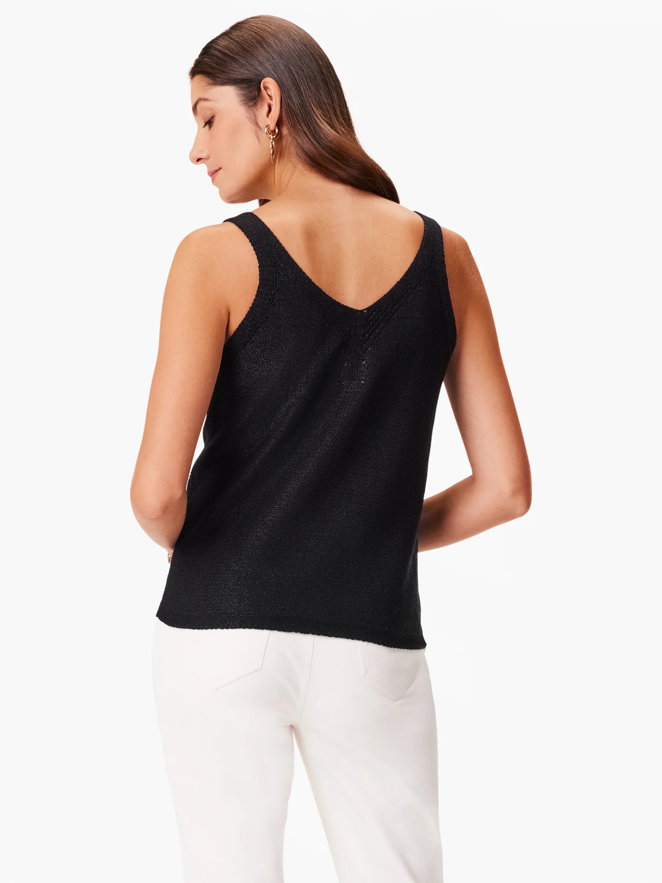 Black knit tank top, V-neck back, sleeveless.