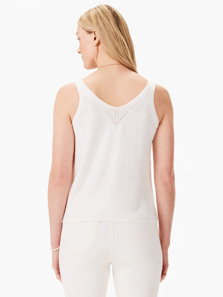 Off-white knit tank top; V-neck back; subtle open knit detail at neckline.