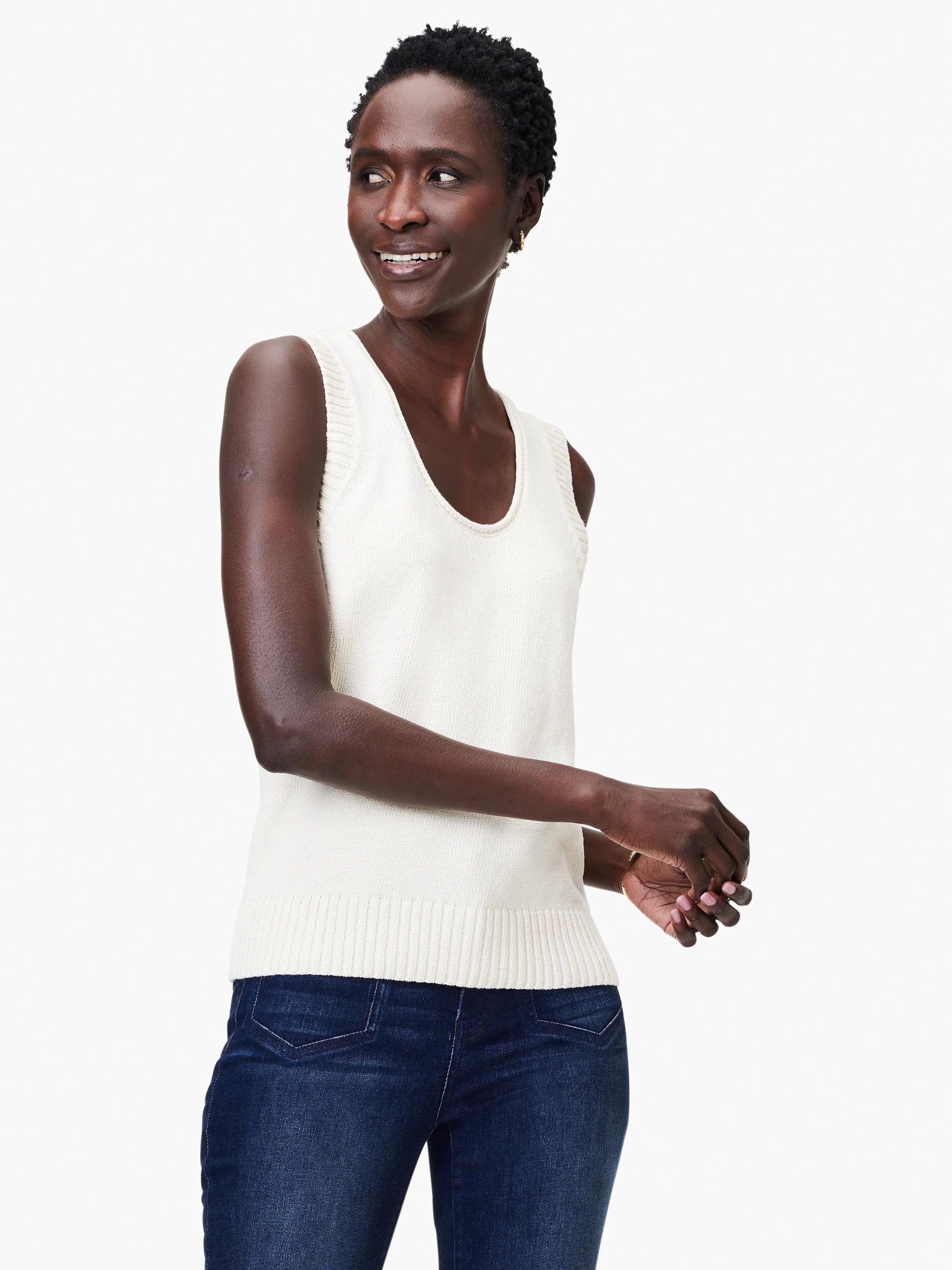 Off-white cotton knit tank top, sleeveless, scoop neck.