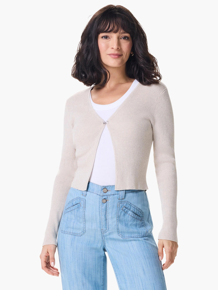 Beige ribbed knit cardigan, long sleeves, single button closure.