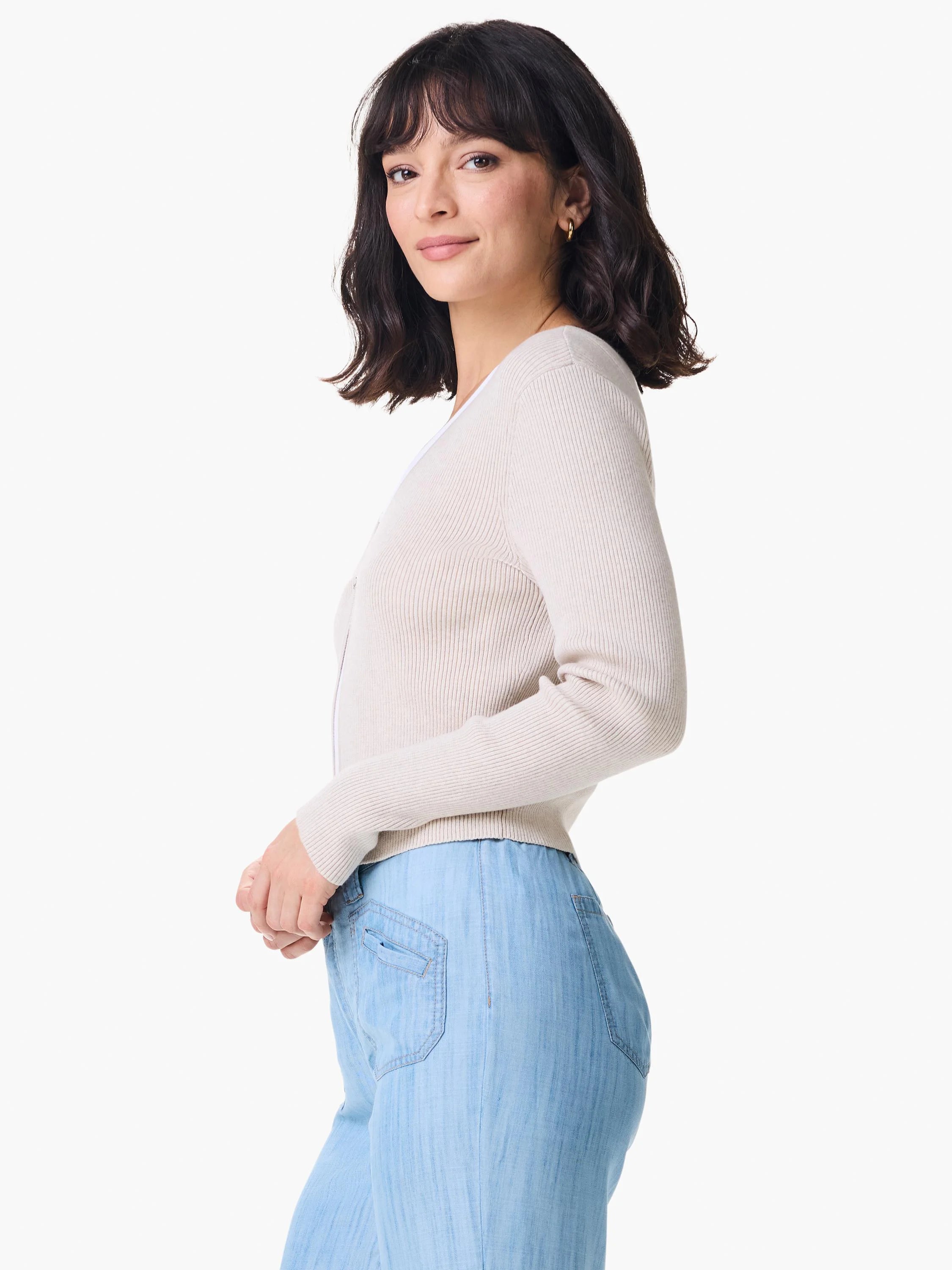 Beige ribbed cardigan, long sleeves, button front.