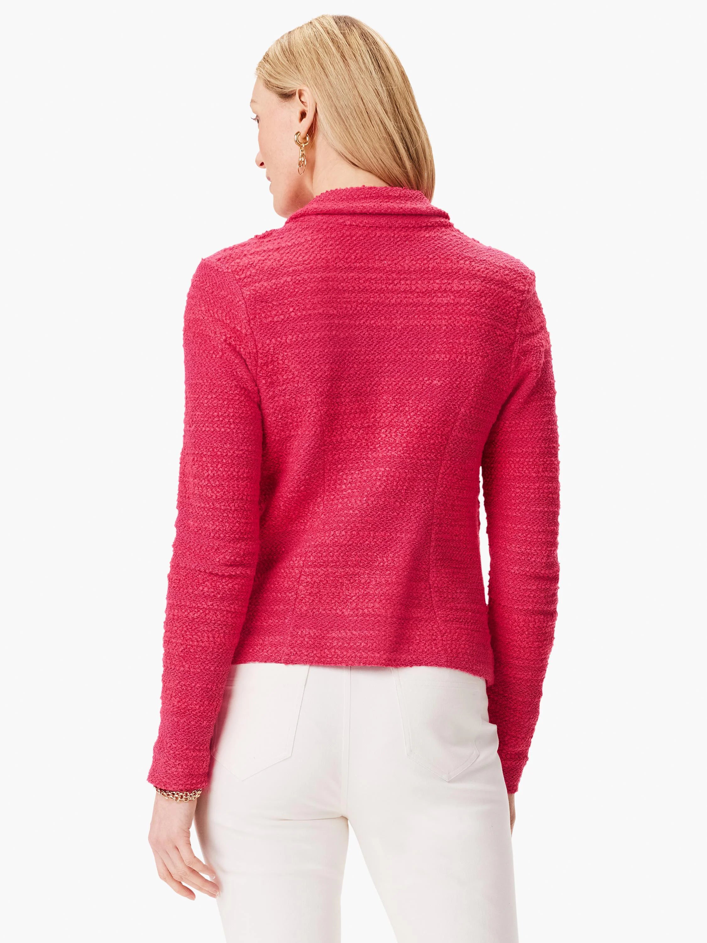 Hot pink, textured knit jacket. Long sleeves, cropped length. Back view.