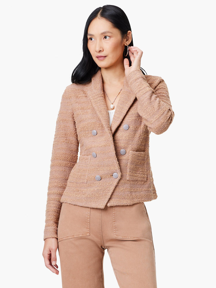 Light brown textured knit jacket, double-breasted with gray buttons, and patch pockets.