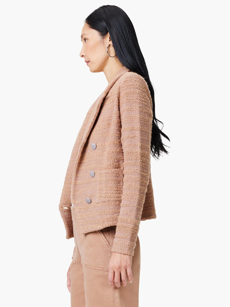 Here's alt text under 125 characters:
Mauve textured knit jacket, double-breasted, shown in profile. Features visible...