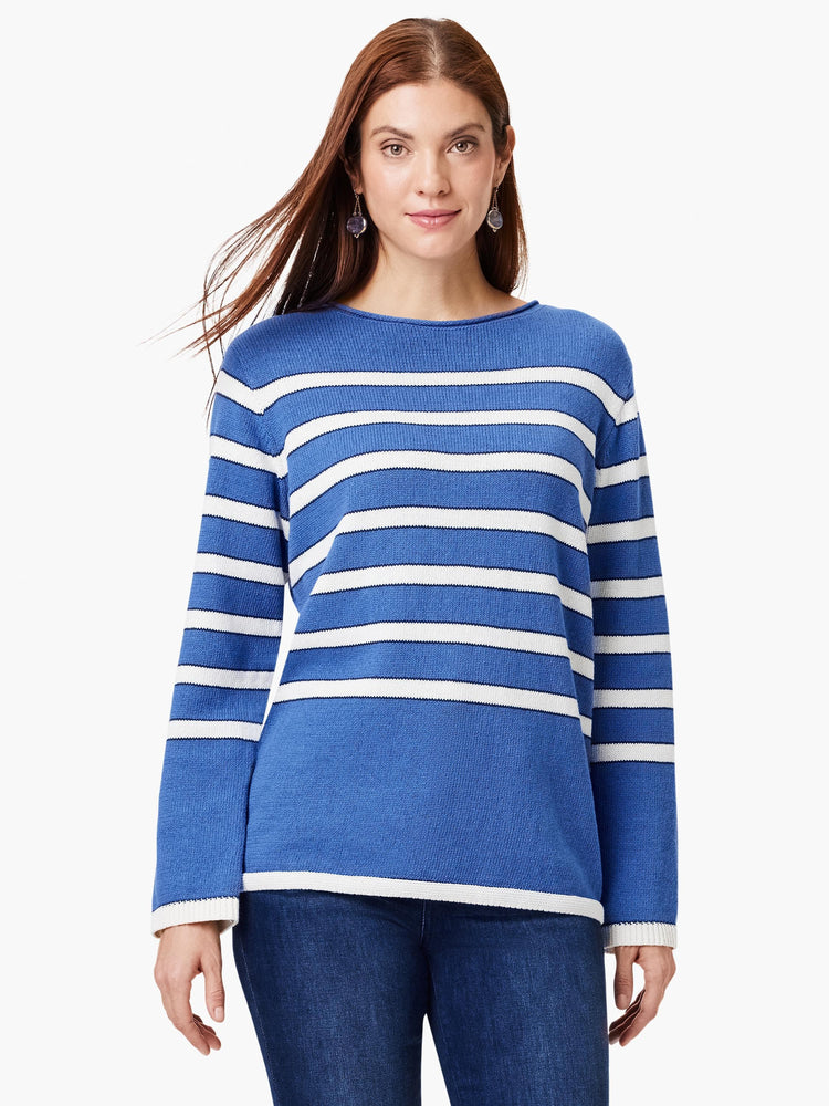 Blue sweater with white horizontal stripes, long sleeves, and a round neckline. The cuffs and hem have a thin white trim.
