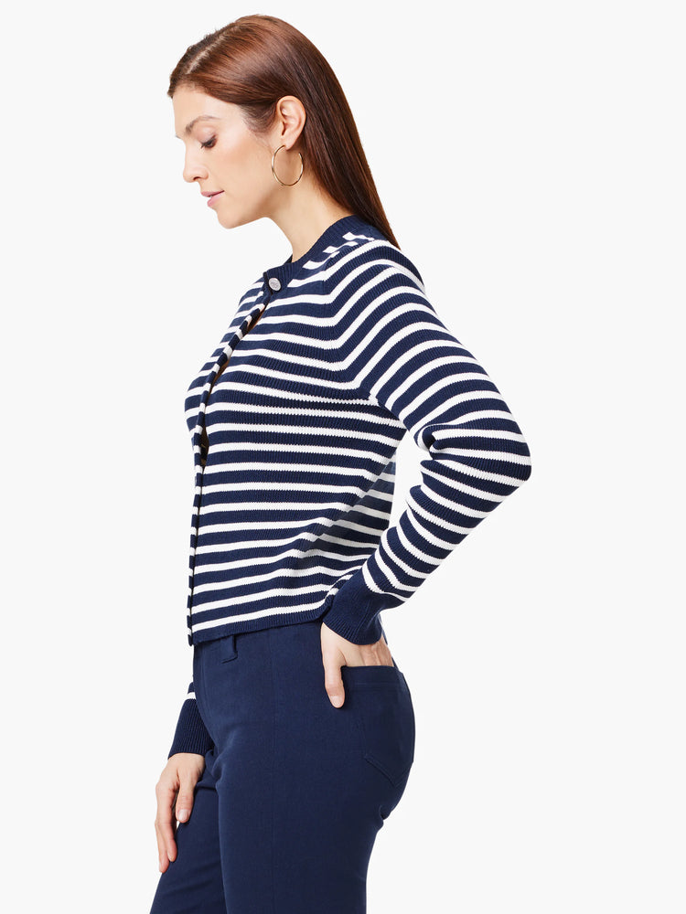 Navy blue and white striped cardigan, long sleeves, button front.