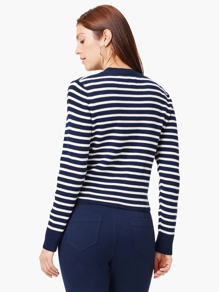 Image shows a navy blue and white horizontally striped cardigan. Long sleeves, close-fitting.