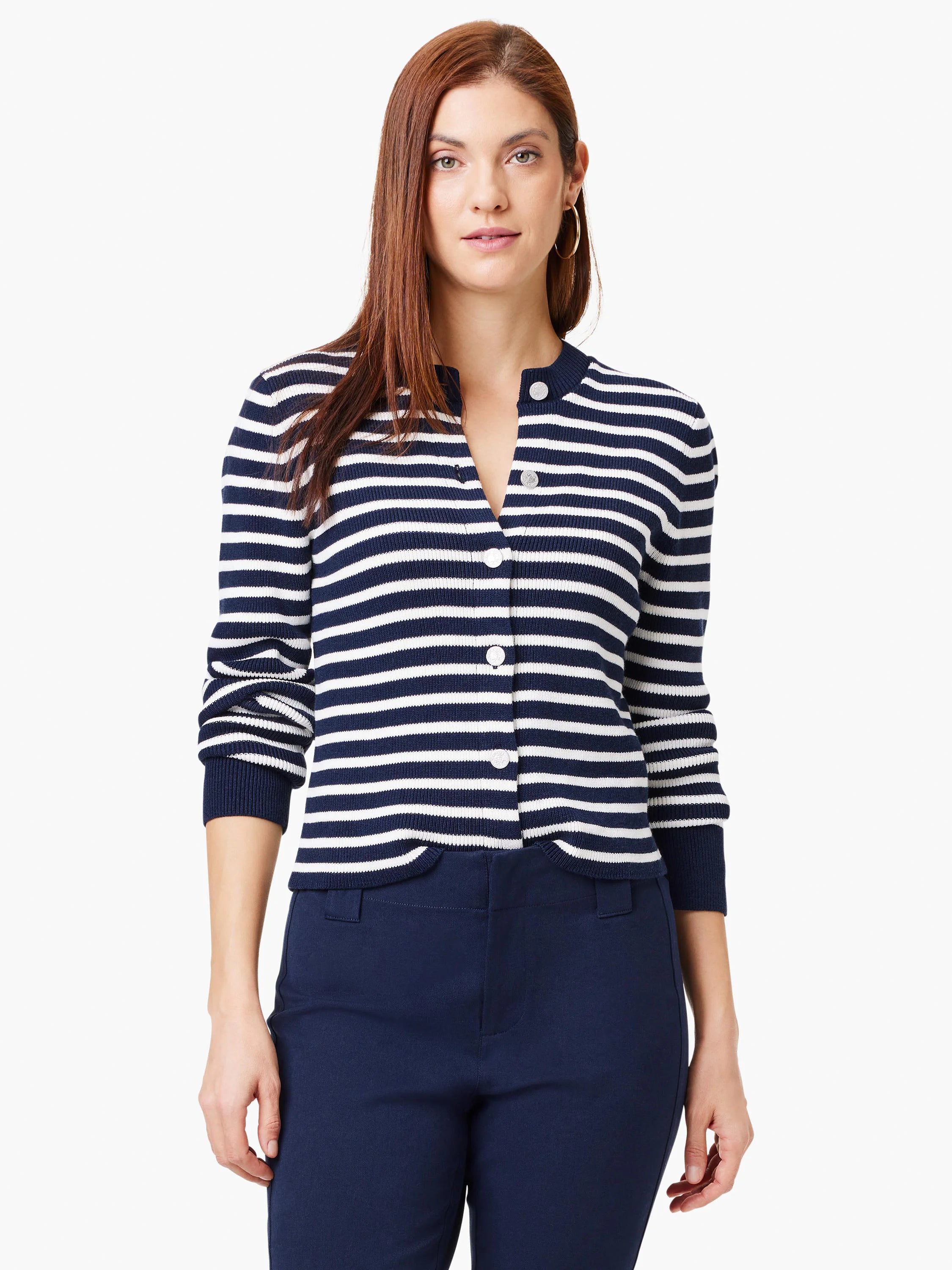 Navy blue and white striped cardigan, button front, three-quarter sleeves.
