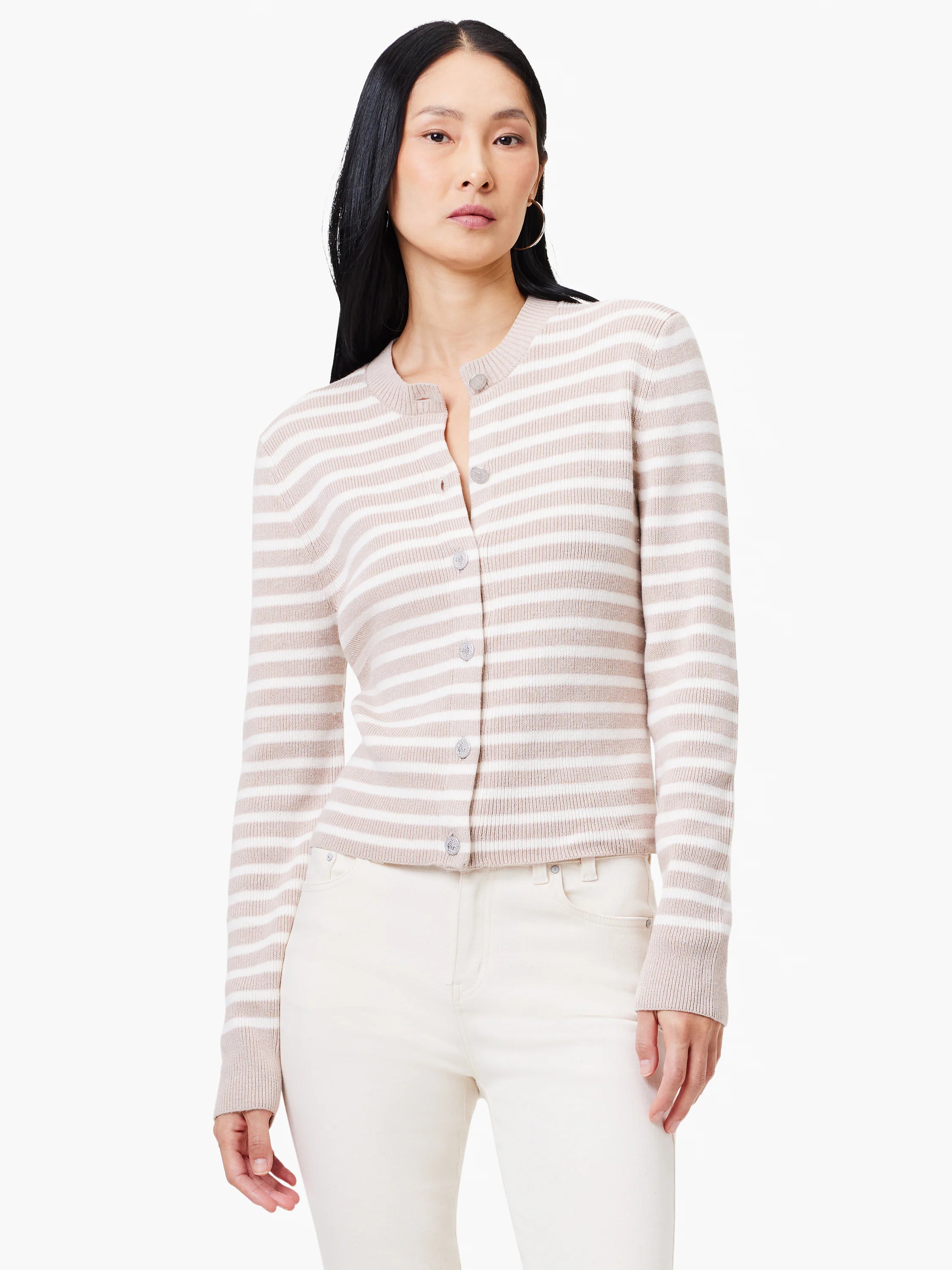 Beige and white striped cardigan, button front, long sleeves.
