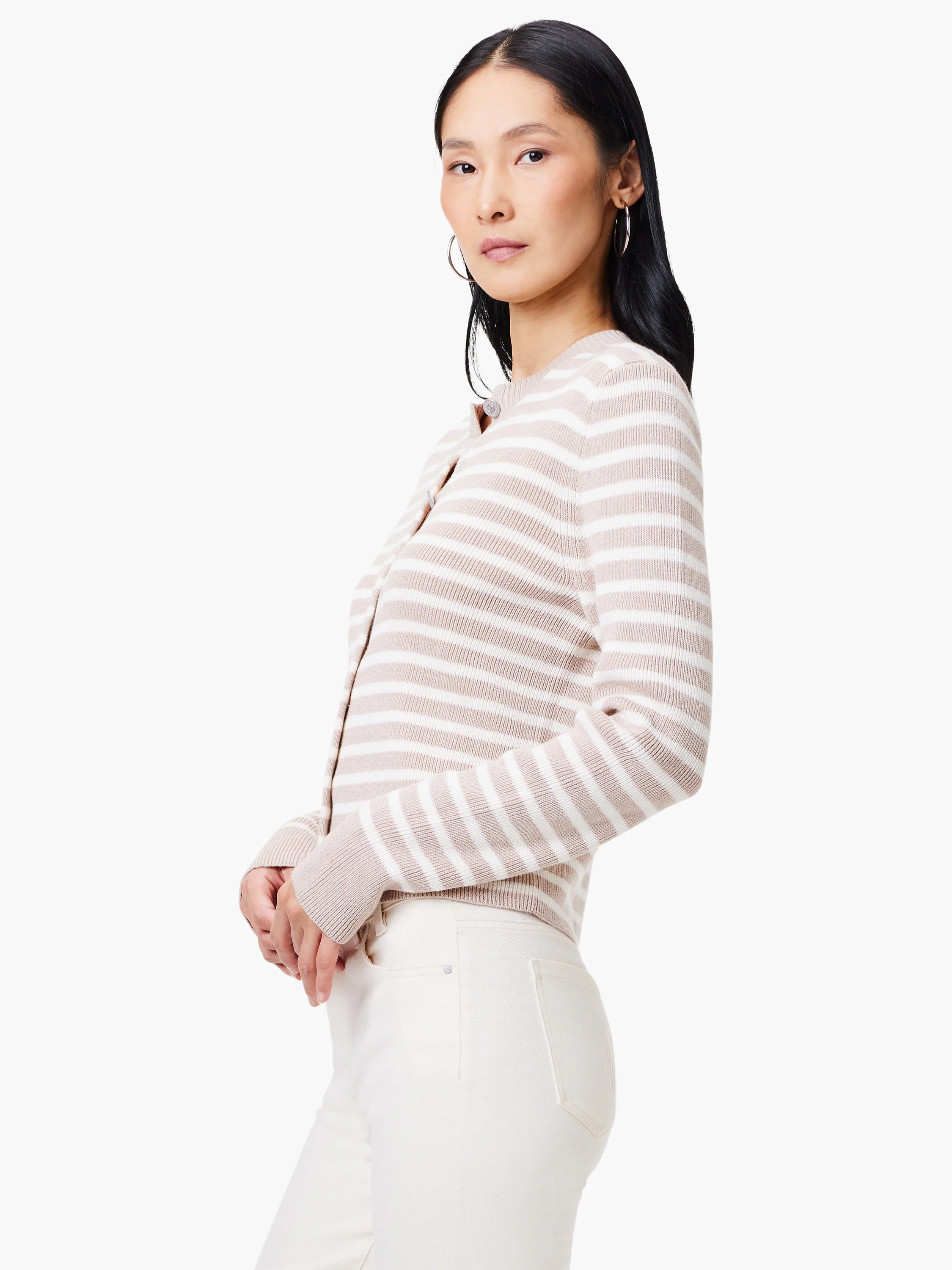 Beige cardigan with thin white stripes, long sleeves, and button front.
