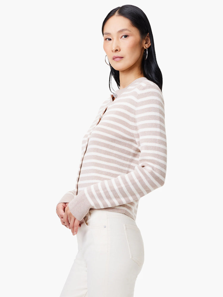 Beige cardigan with thin white stripes, long sleeves, and button front.