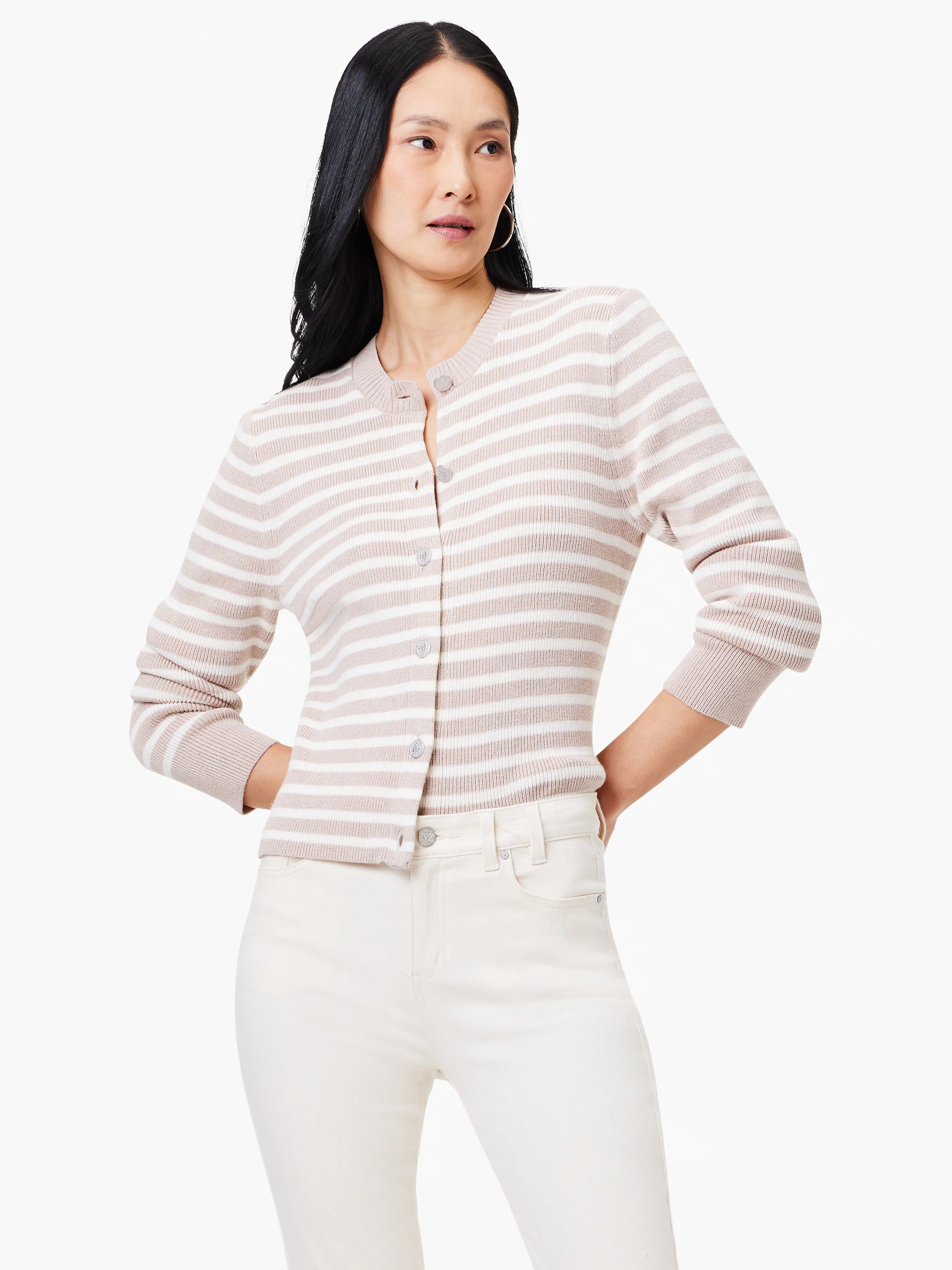 Beige cardigan with white stripes, long sleeves, and button closure.