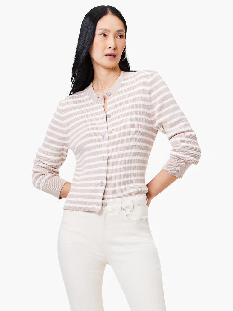 Beige cardigan with white stripes, long sleeves, and button closure.