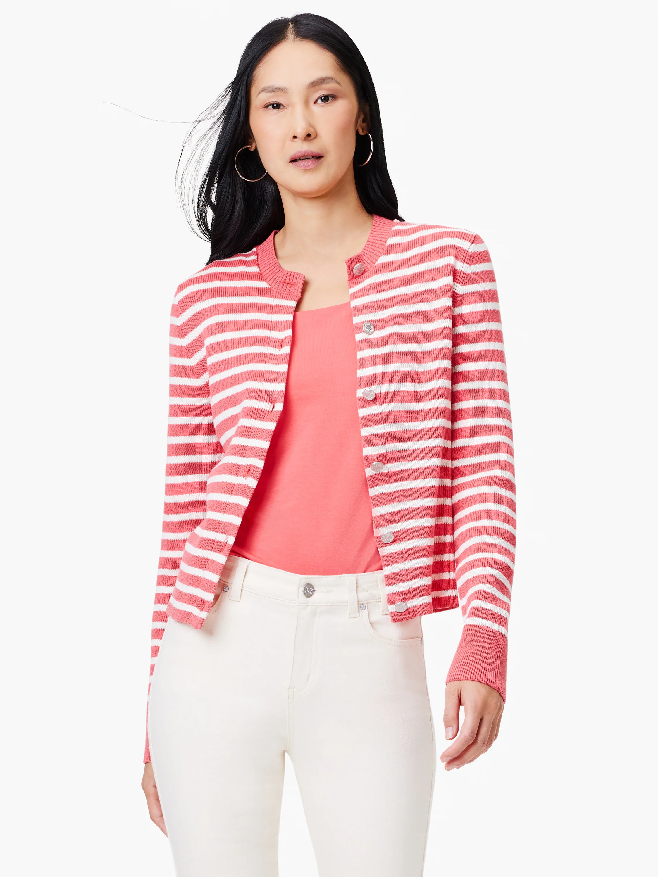 Pink and white striped cardigan, button front, knit fabric.