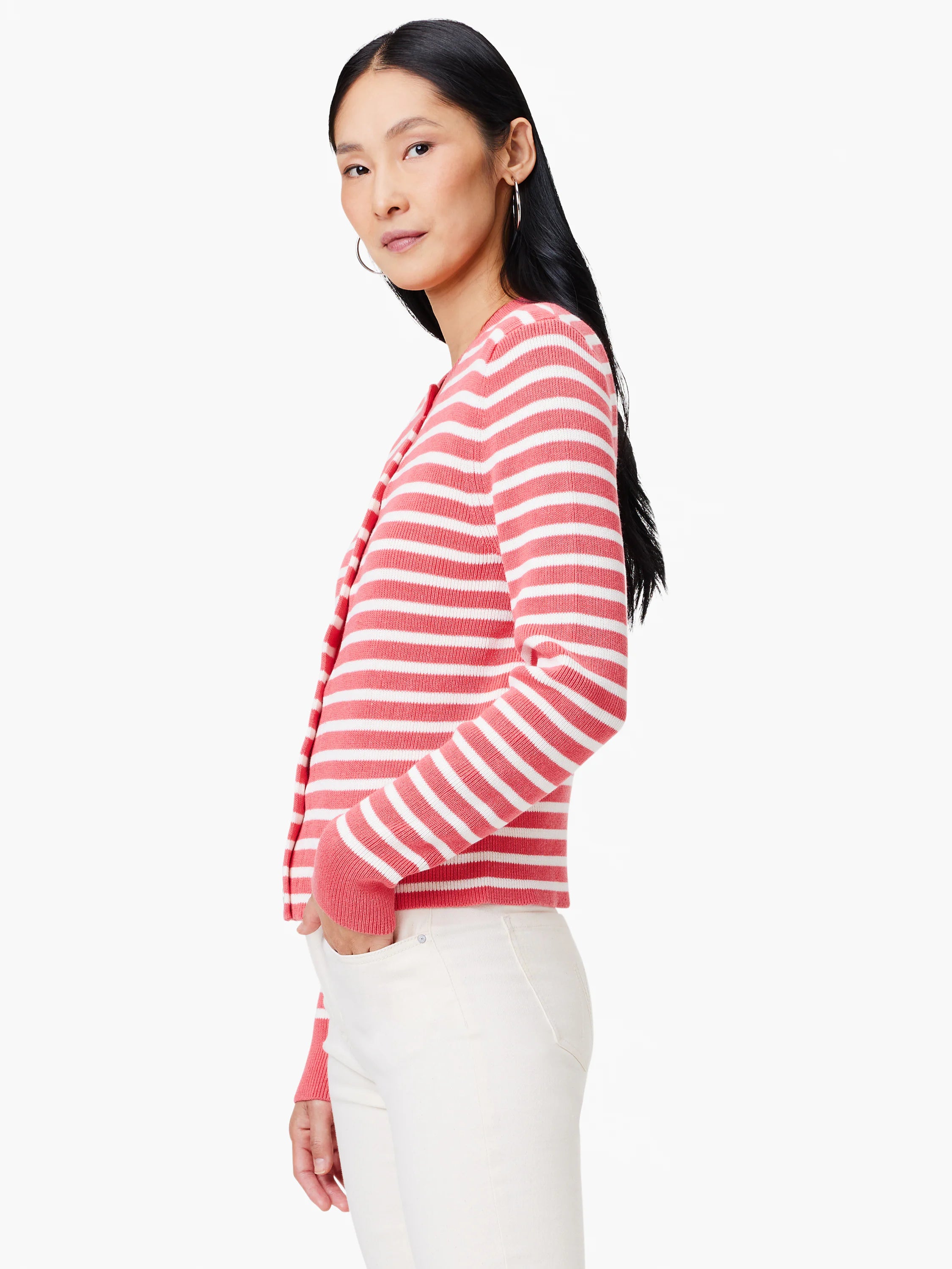 Pink and white striped cardigan, long sleeves, button front.