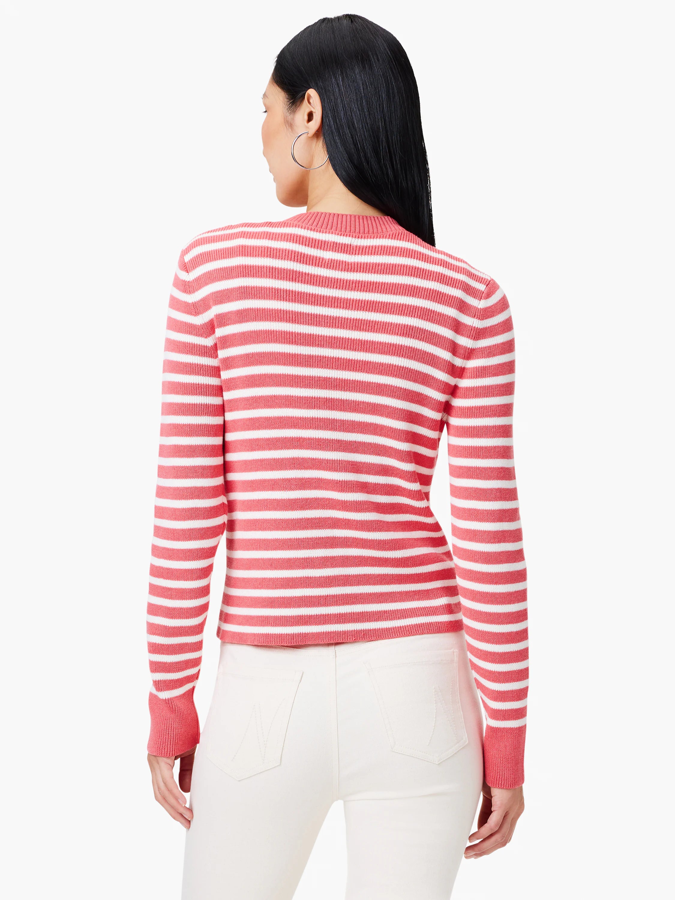 Coral and white striped long-sleeved cardigan, ribbed knit. Seen from the back.