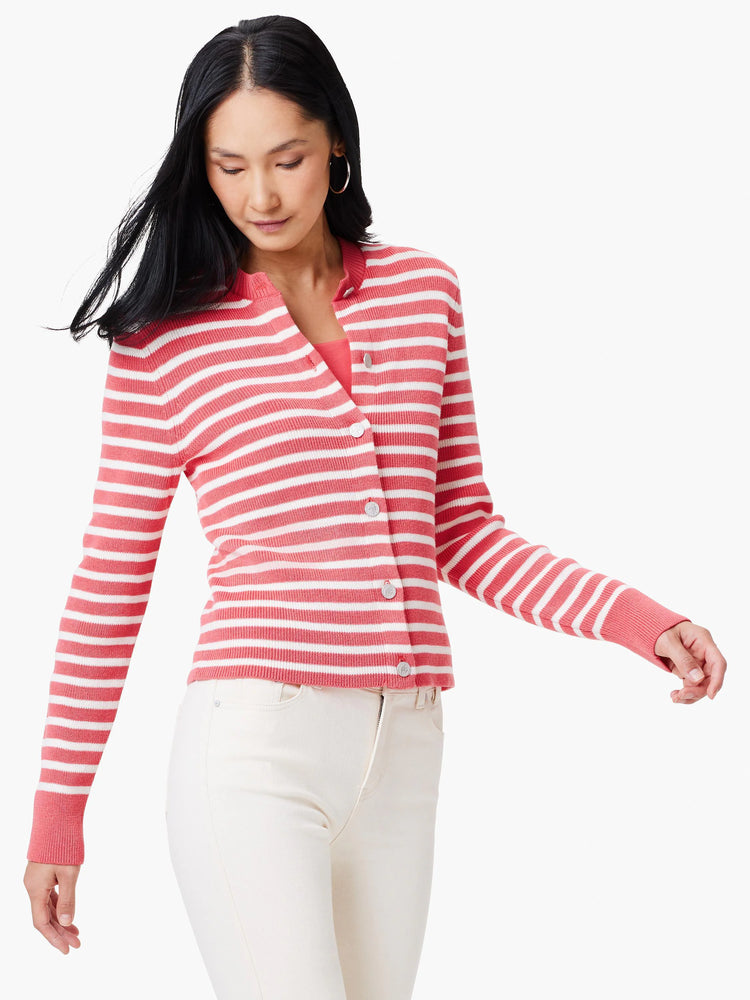 Coral and white striped cardigan, long sleeves, button front.