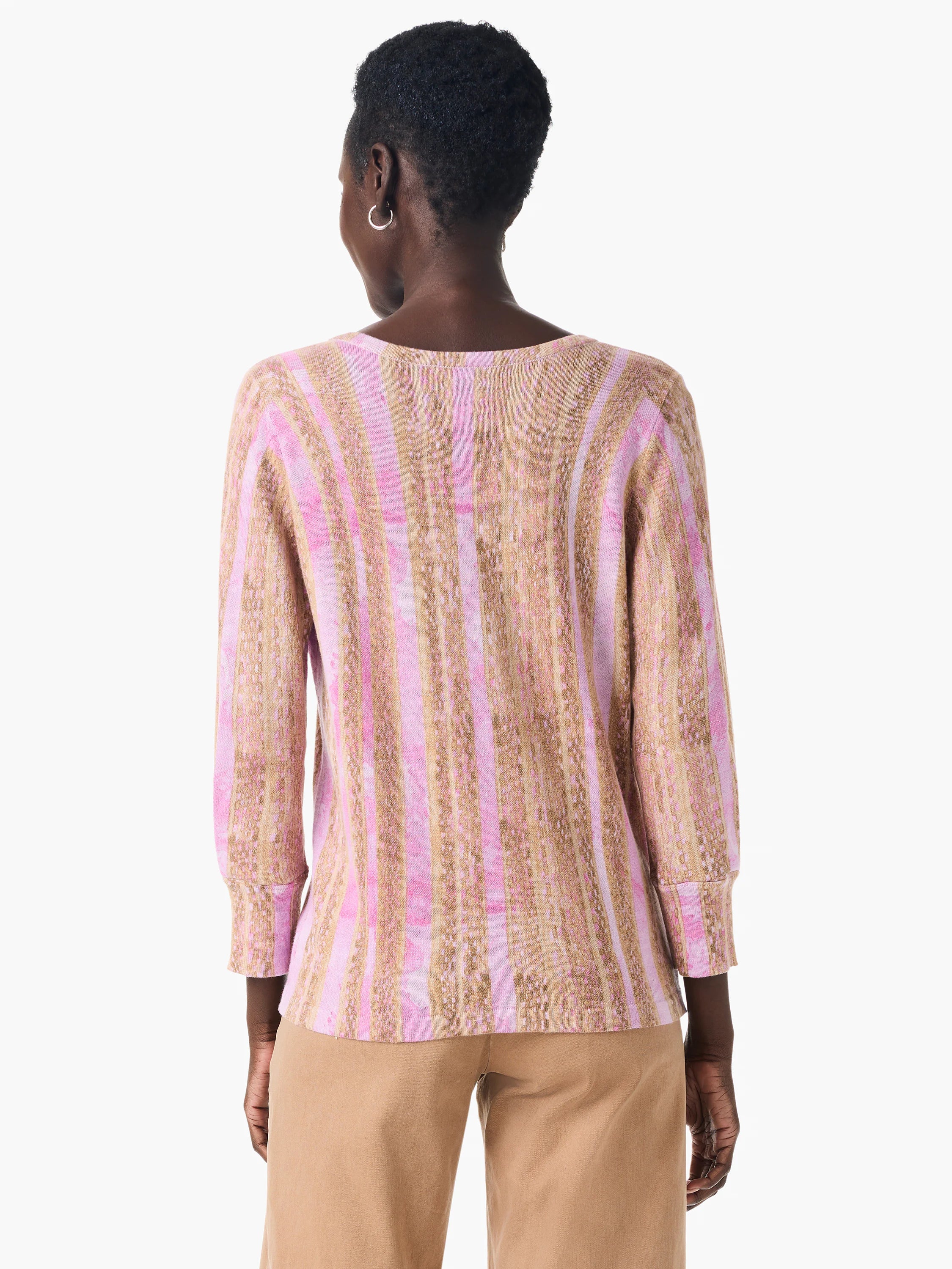 Pink and tan striped sweater. Three-quarter sleeves, subtle pattern.