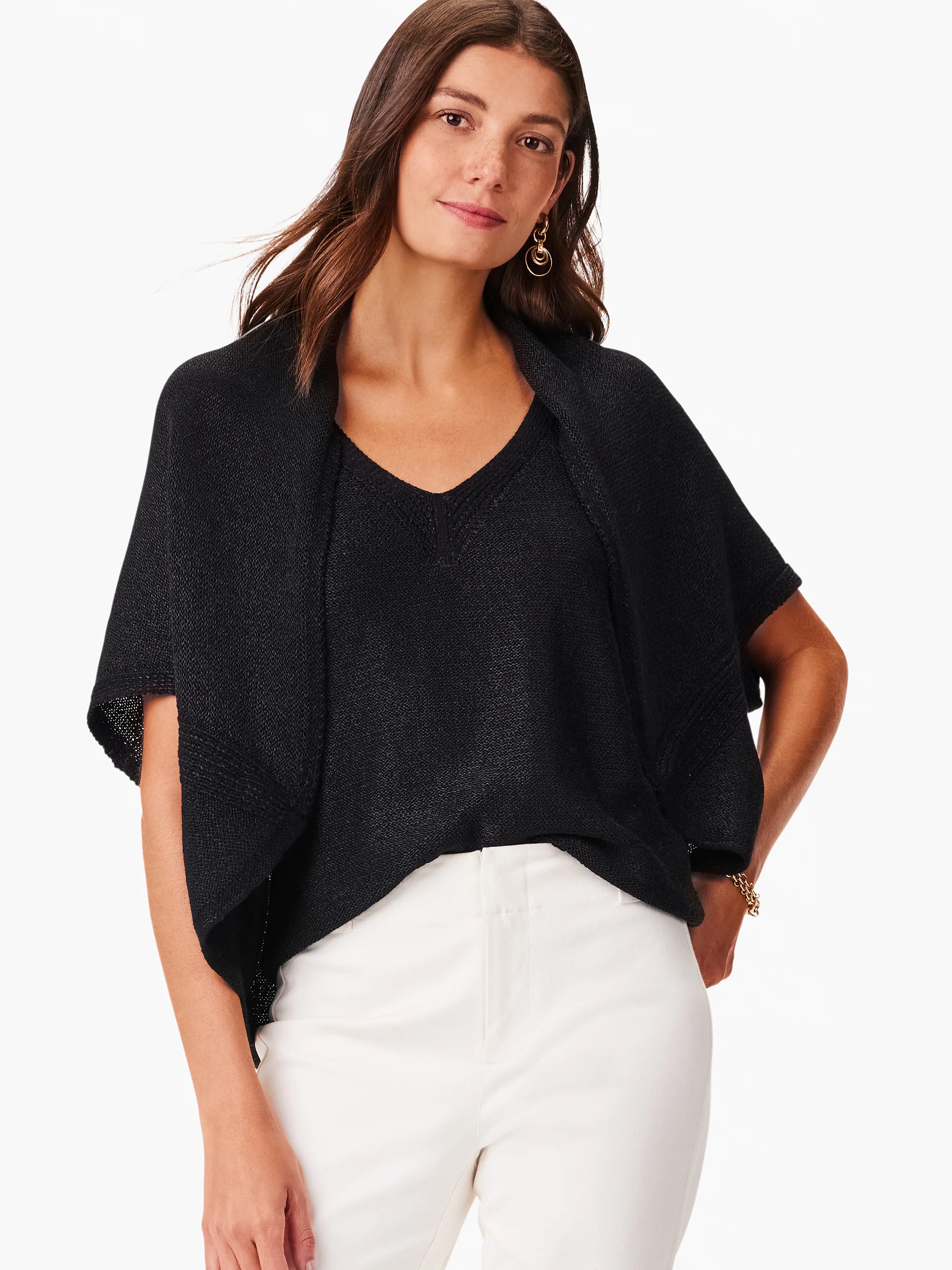 Black short-sleeved v-neck cardigan; open front, slightly draped.