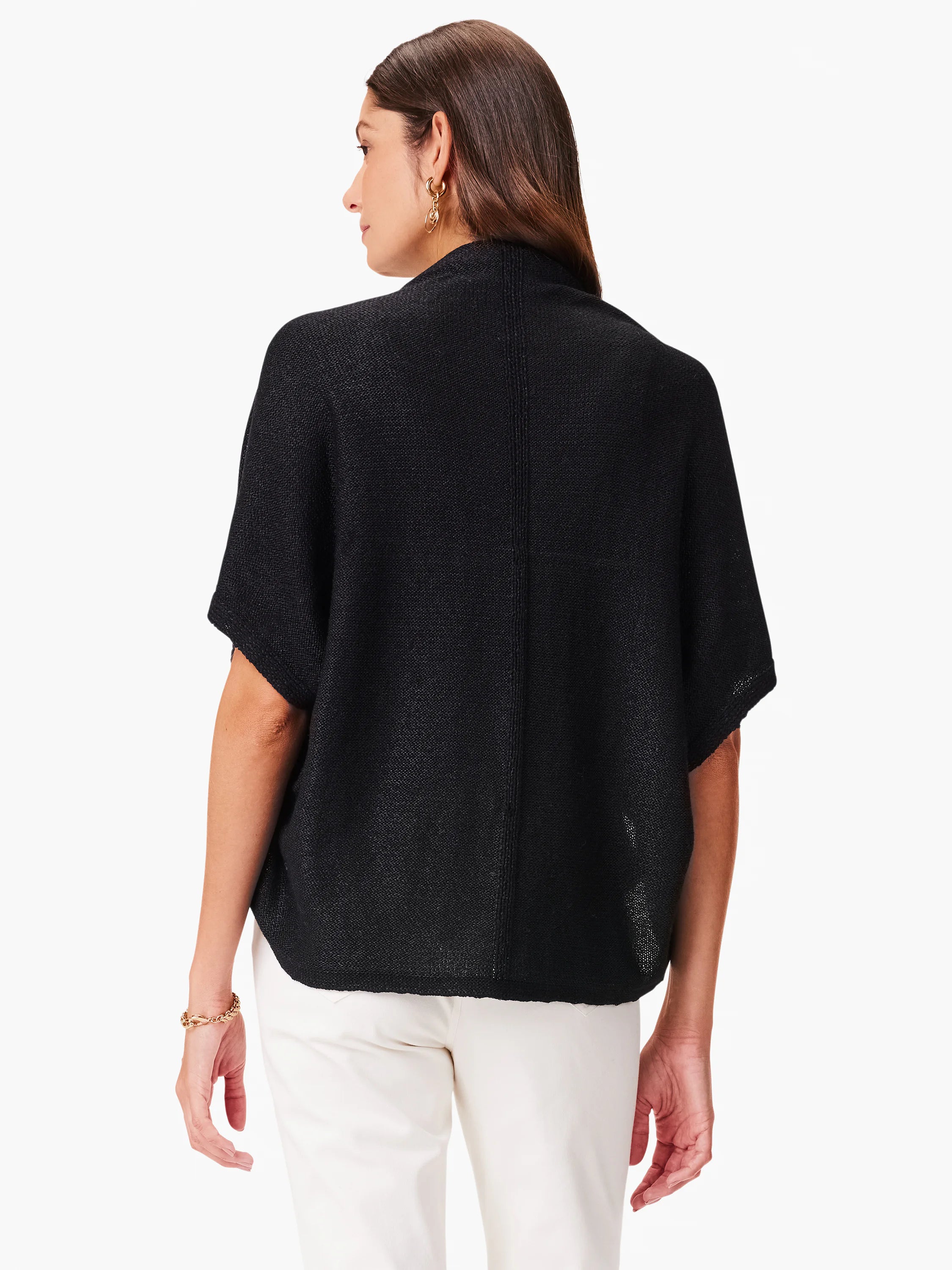 Black short-sleeved cocoon cardigan, shown from the back. Slightly loose fit.