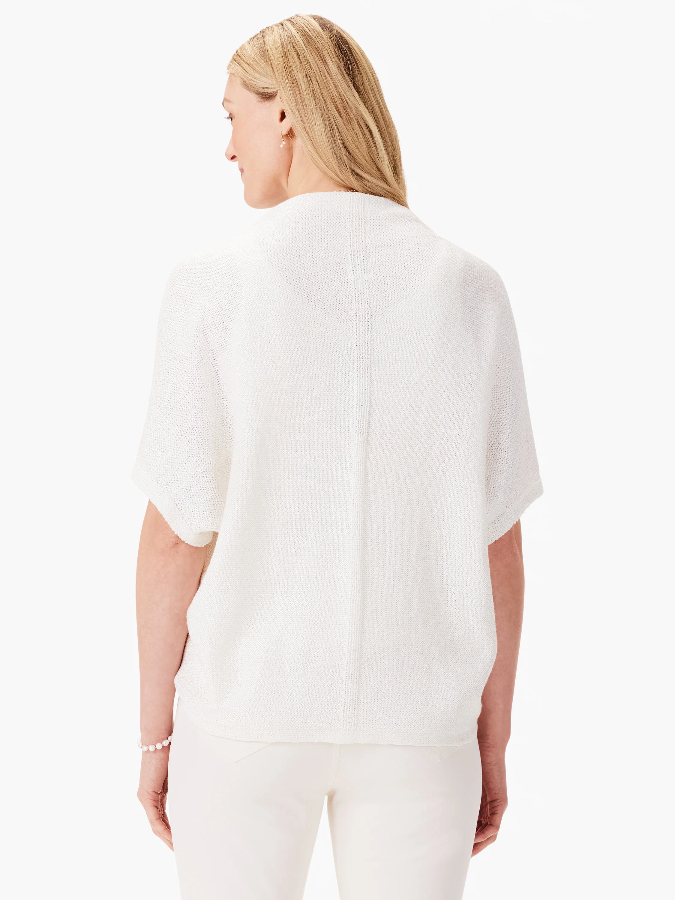 Off-white short-sleeve cardigan, open front, textured knit. Back view.