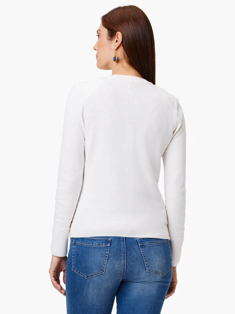 Off-white long-sleeve cardigan, shown from the back. The model is wearing blue jeans.