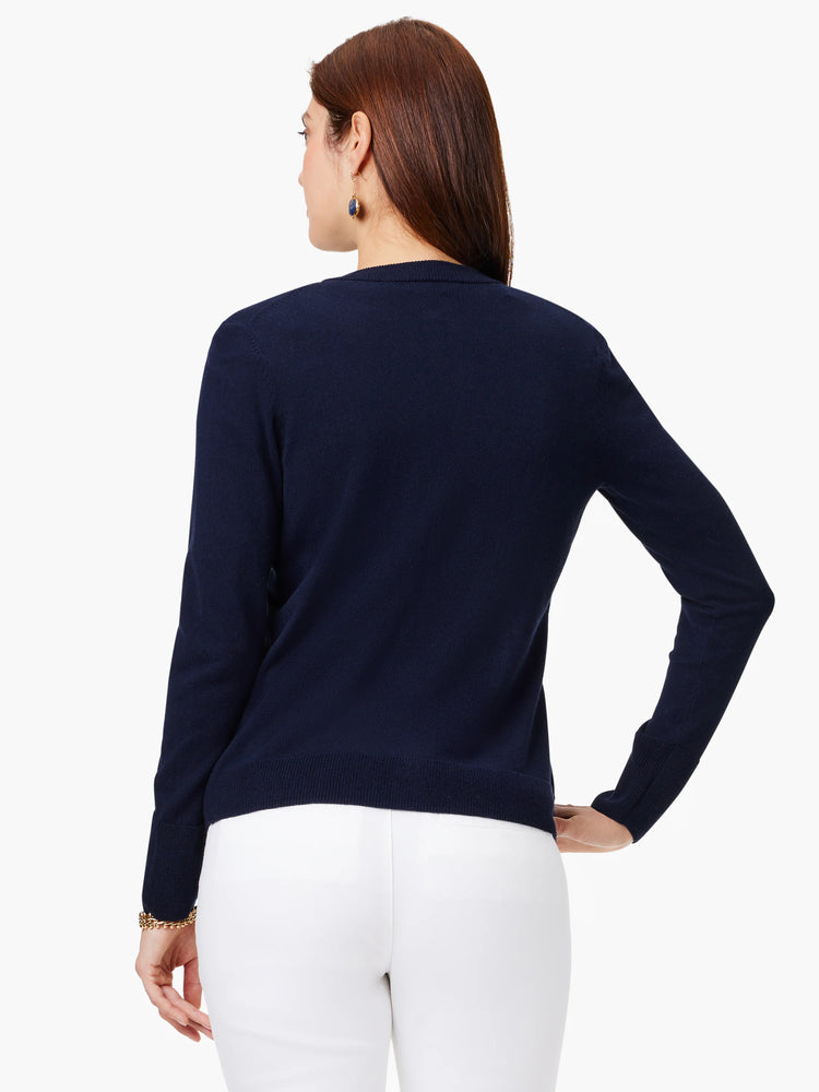 Dark navy blue, long-sleeved cardigan, shown from the back. Simple design.