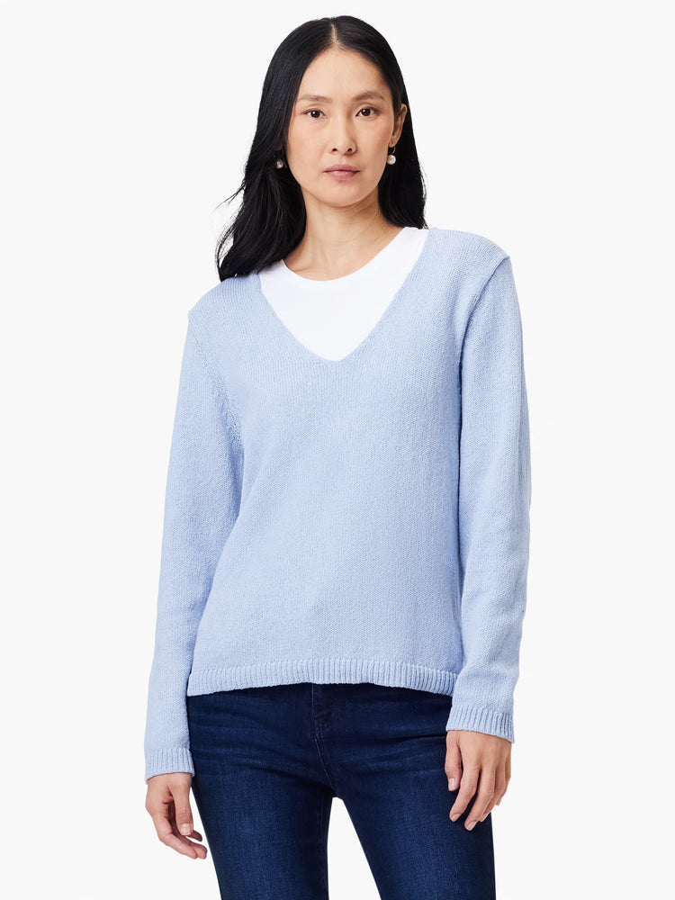 Pale blue V-neck sweater with fine knit texture, long sleeves, and ribbed cuffs and hem.