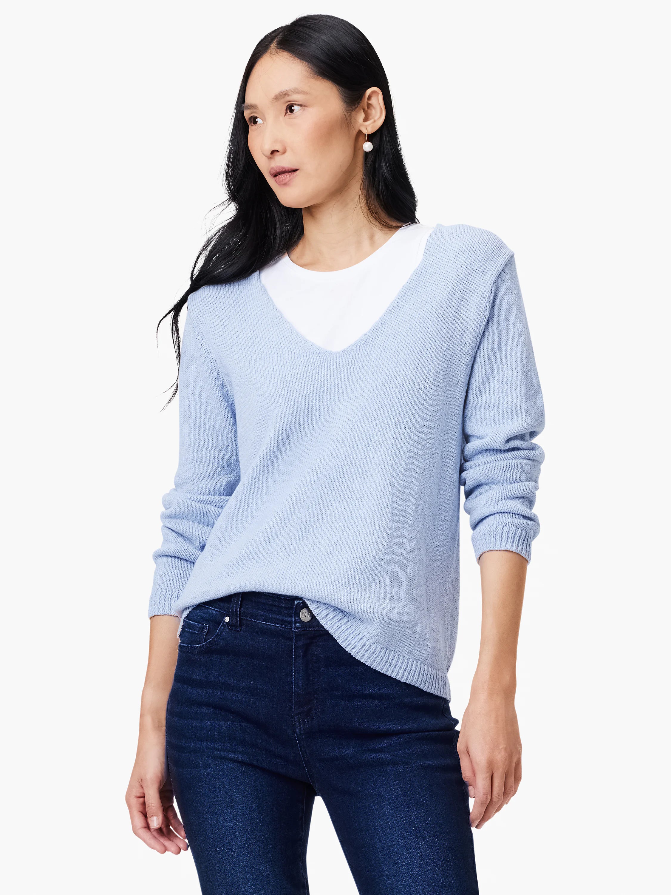 Pale blue V-neck sweater with a subtle corded knit texture and long sleeves.