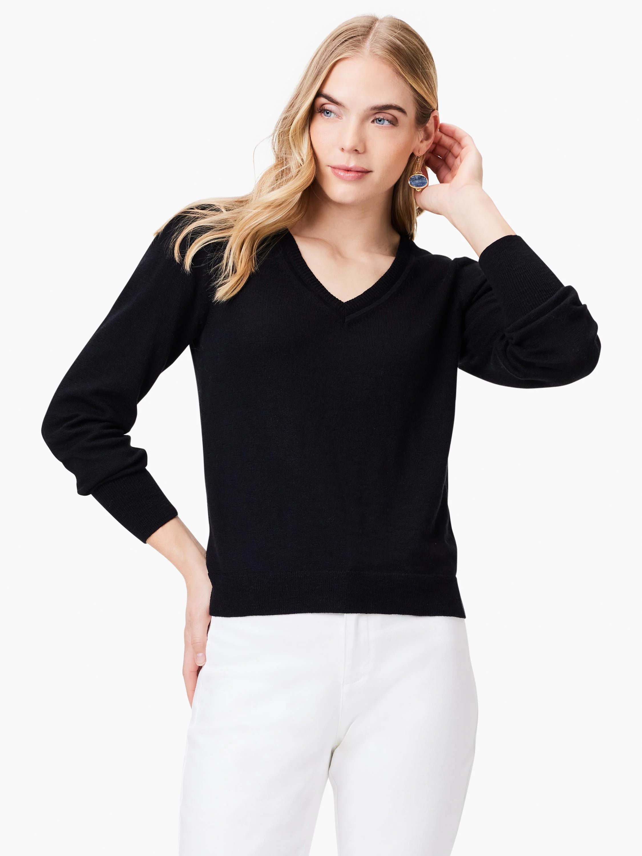 Black slub v-neck sweater, long sleeves, ribbed trim.