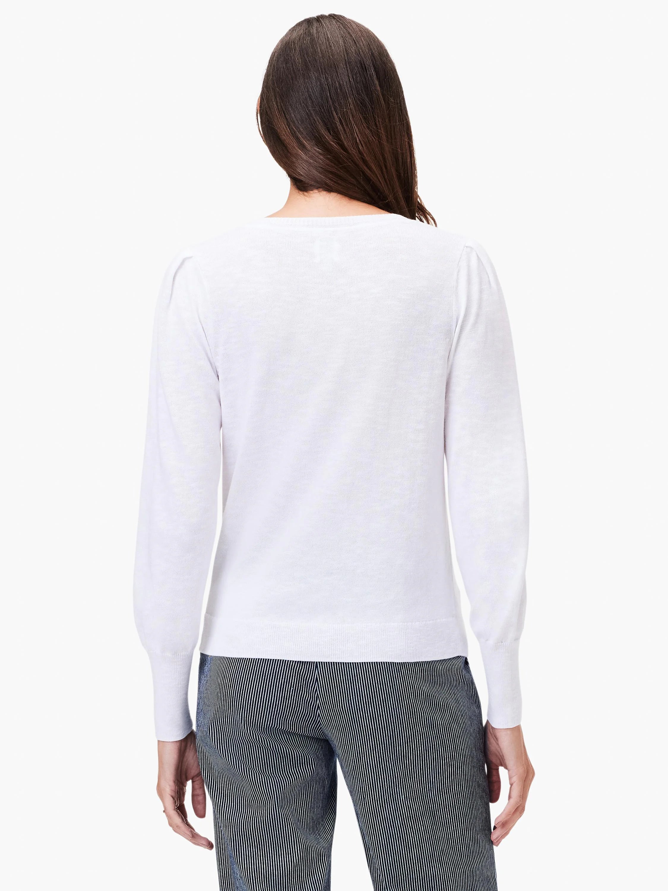 White slub v-neck sweater with long sleeves. The back view shows a slightly puffed sleeve detail.