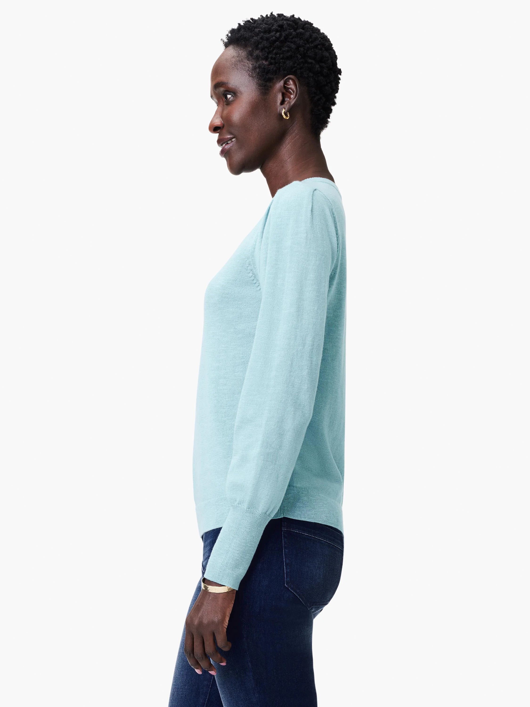 Light blue slub knit V-neck sweater, long sleeves, shown on a model.