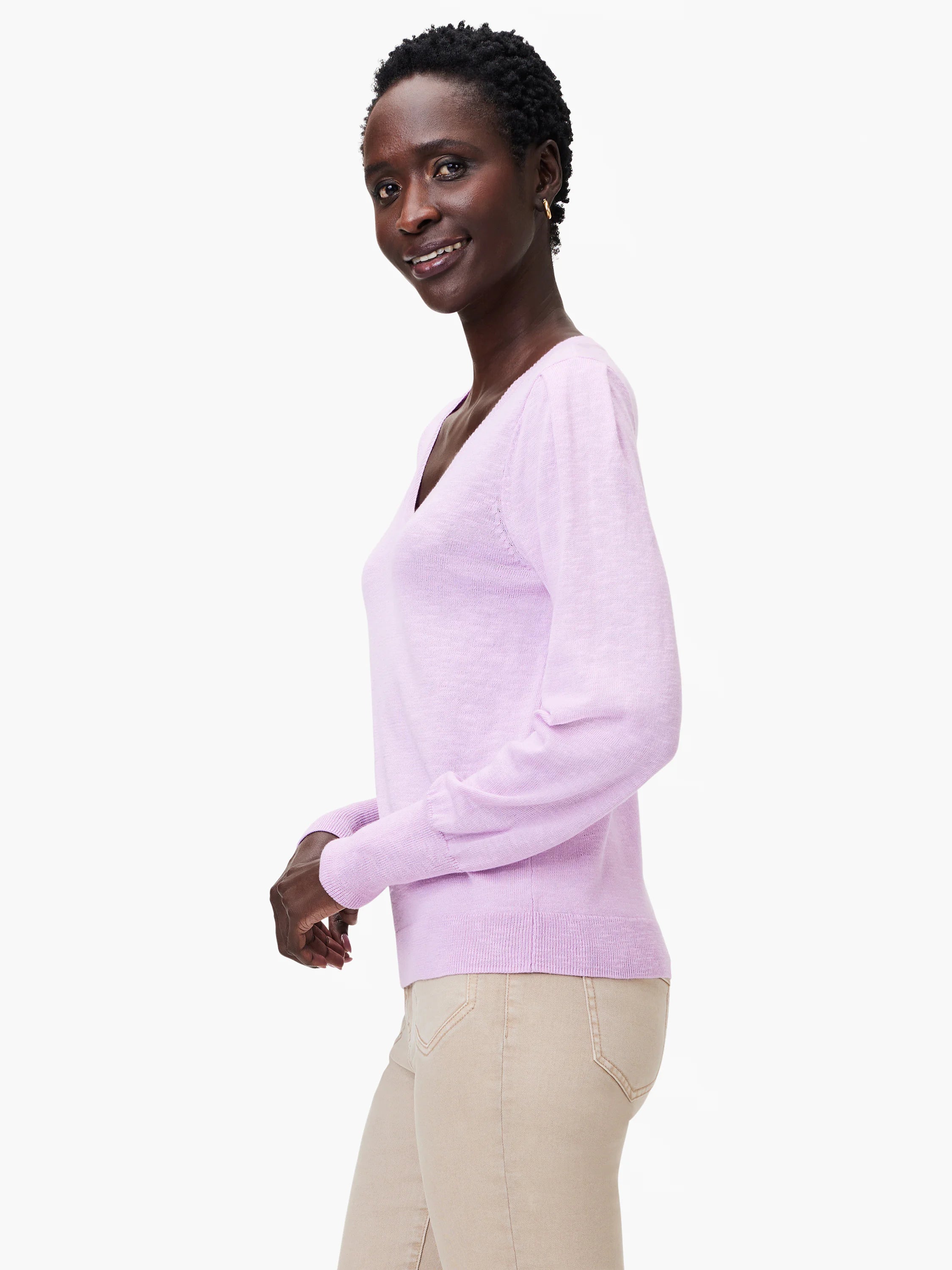 Lavender slub knit V-neck sweater; long sleeves.