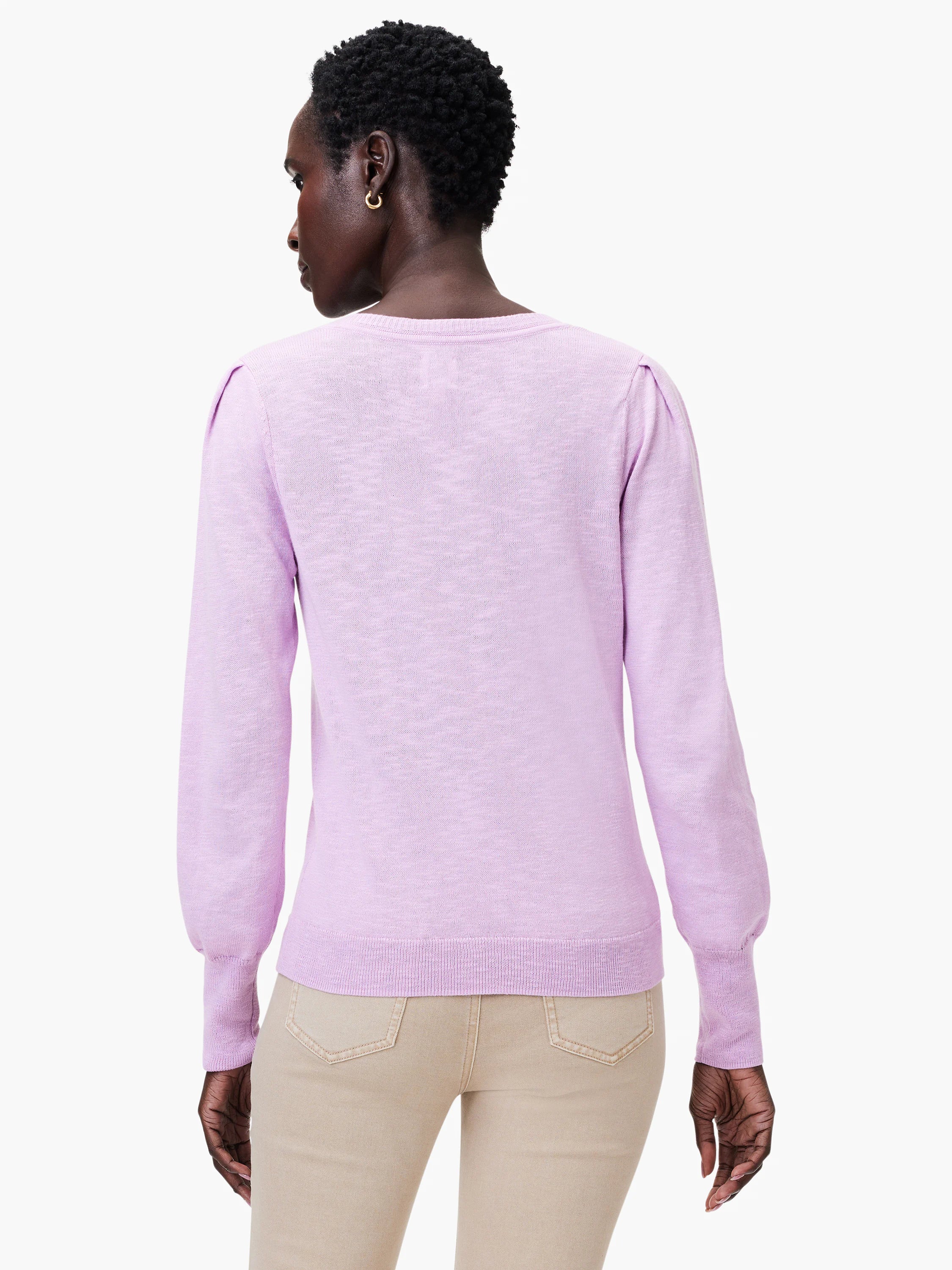 Lilac slub knit V-neck sweater, long sleeves, slightly puffed shoulders. Back view.