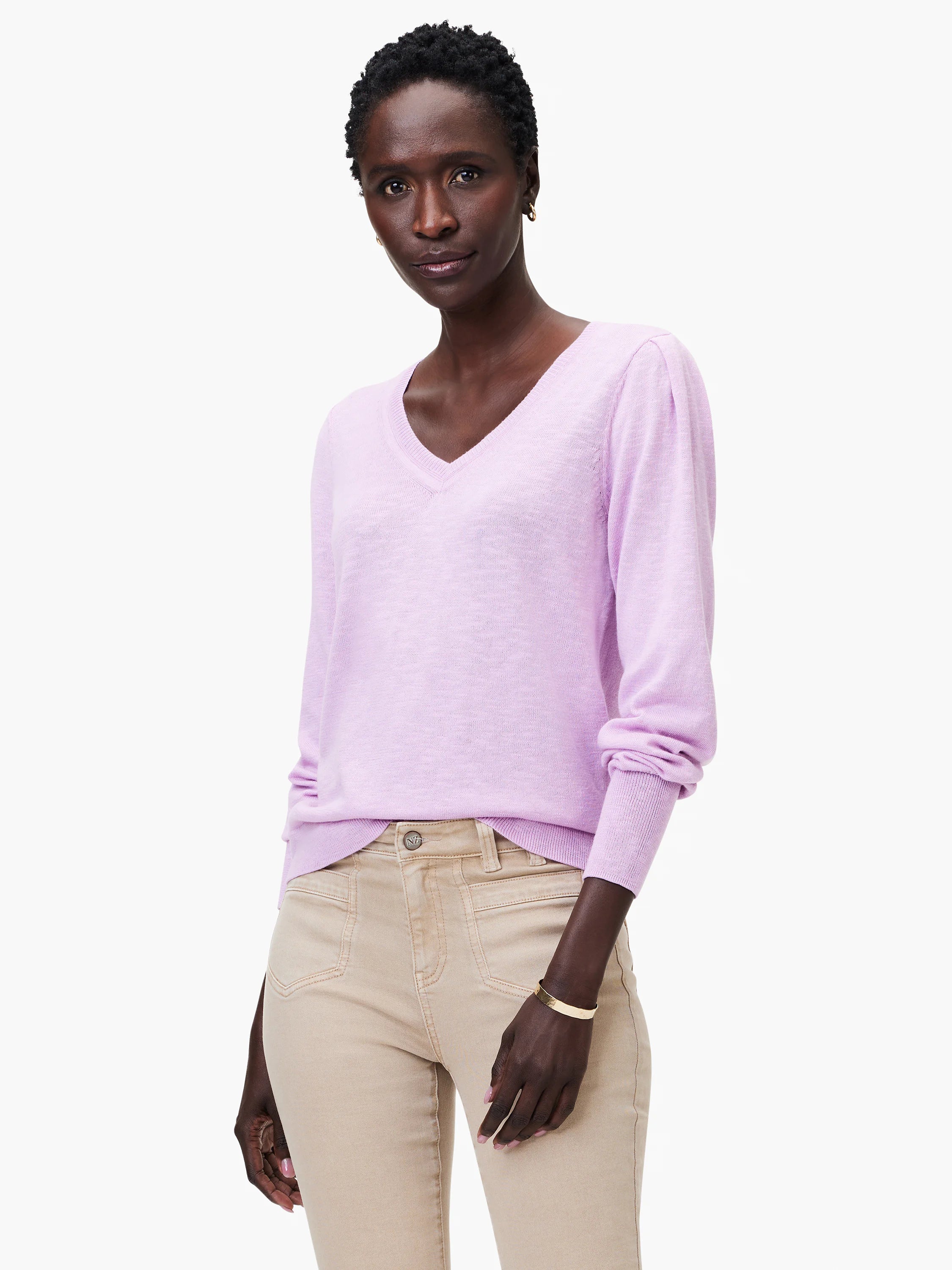 Light purple slub knit V-neck sweater with long sleeves.