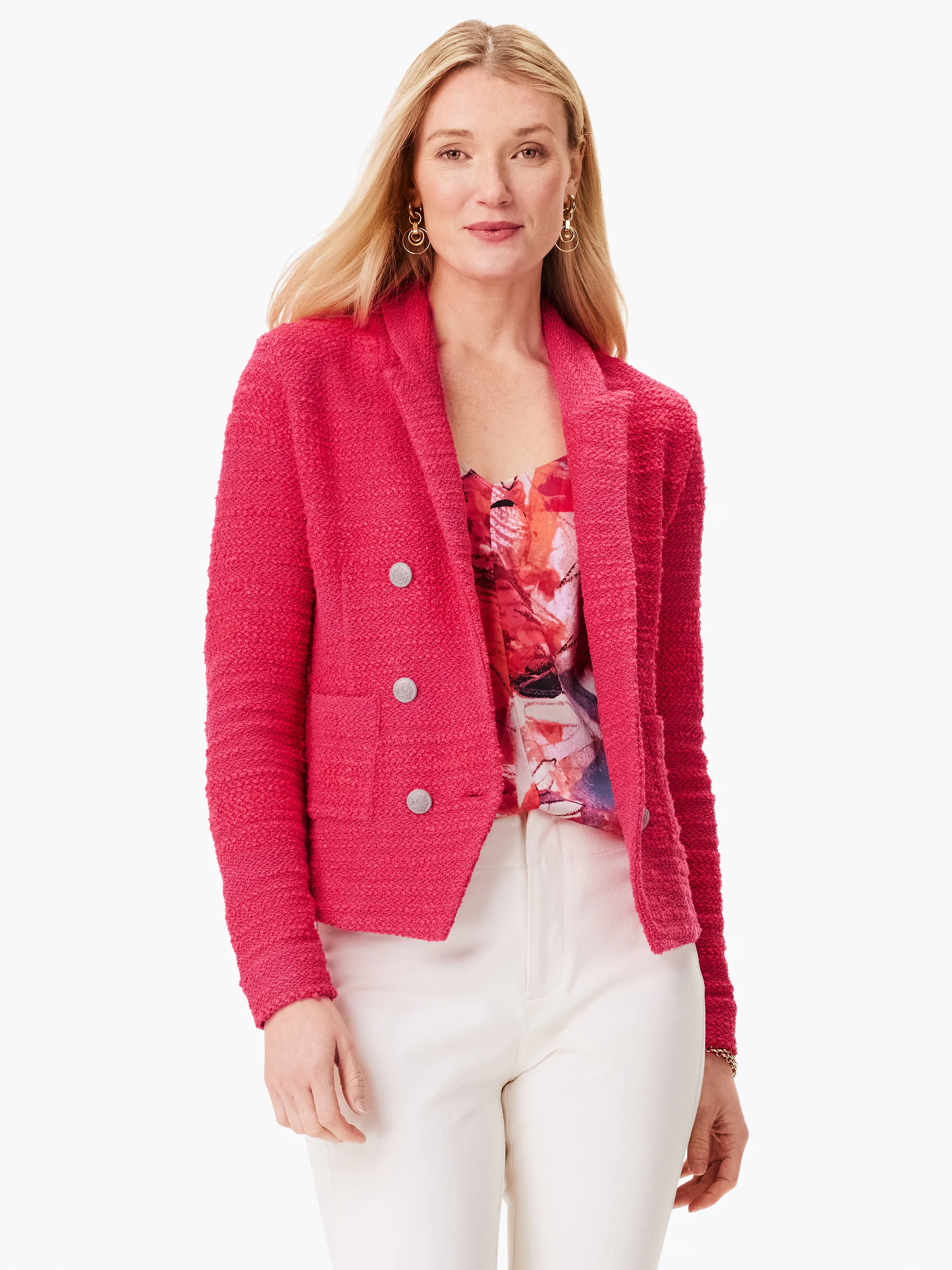 Hot pink knit jacket, double-breasted with silver buttons. Textured fabric.