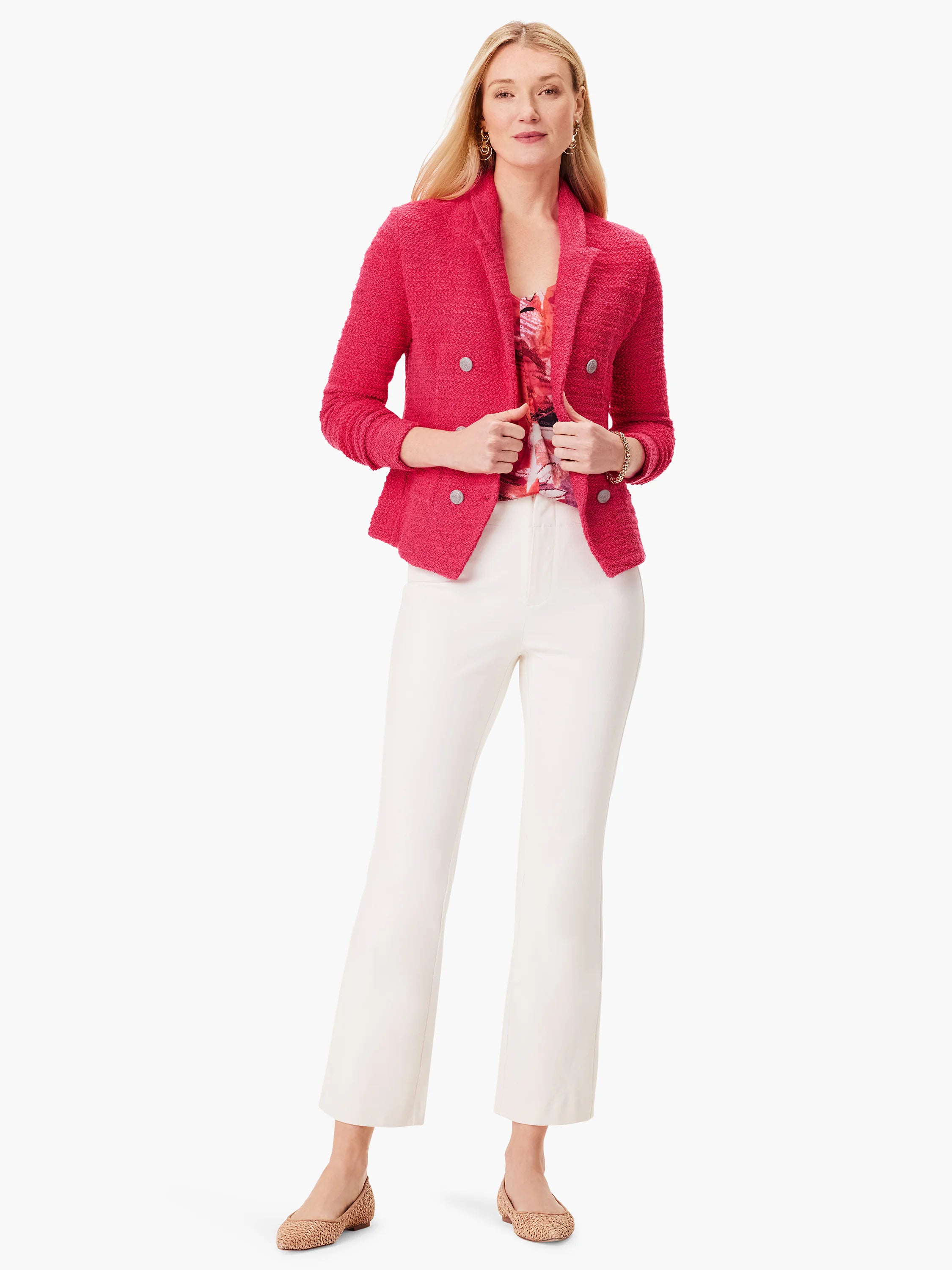 Hot pink, double-breasted knit jacket with silver buttons. Cropped, long sleeves.