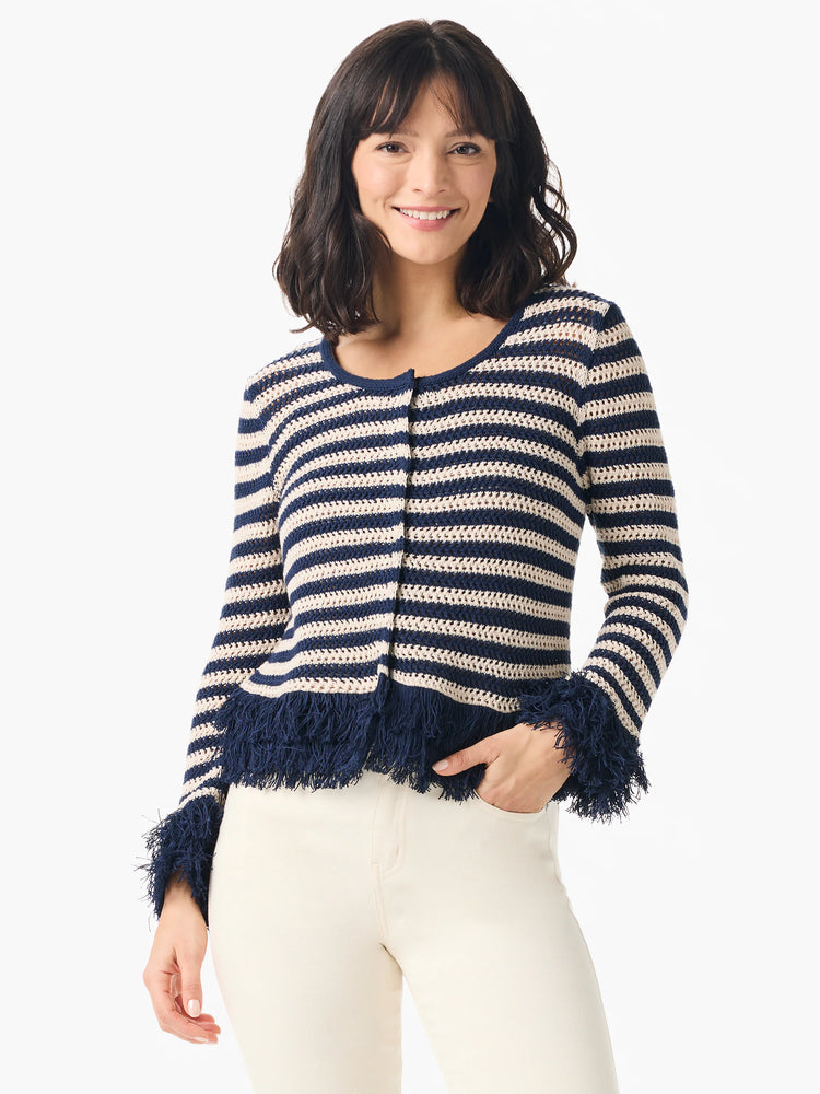 Navy and cream striped cardigan; open front; fringe trim at hem and cuffs.