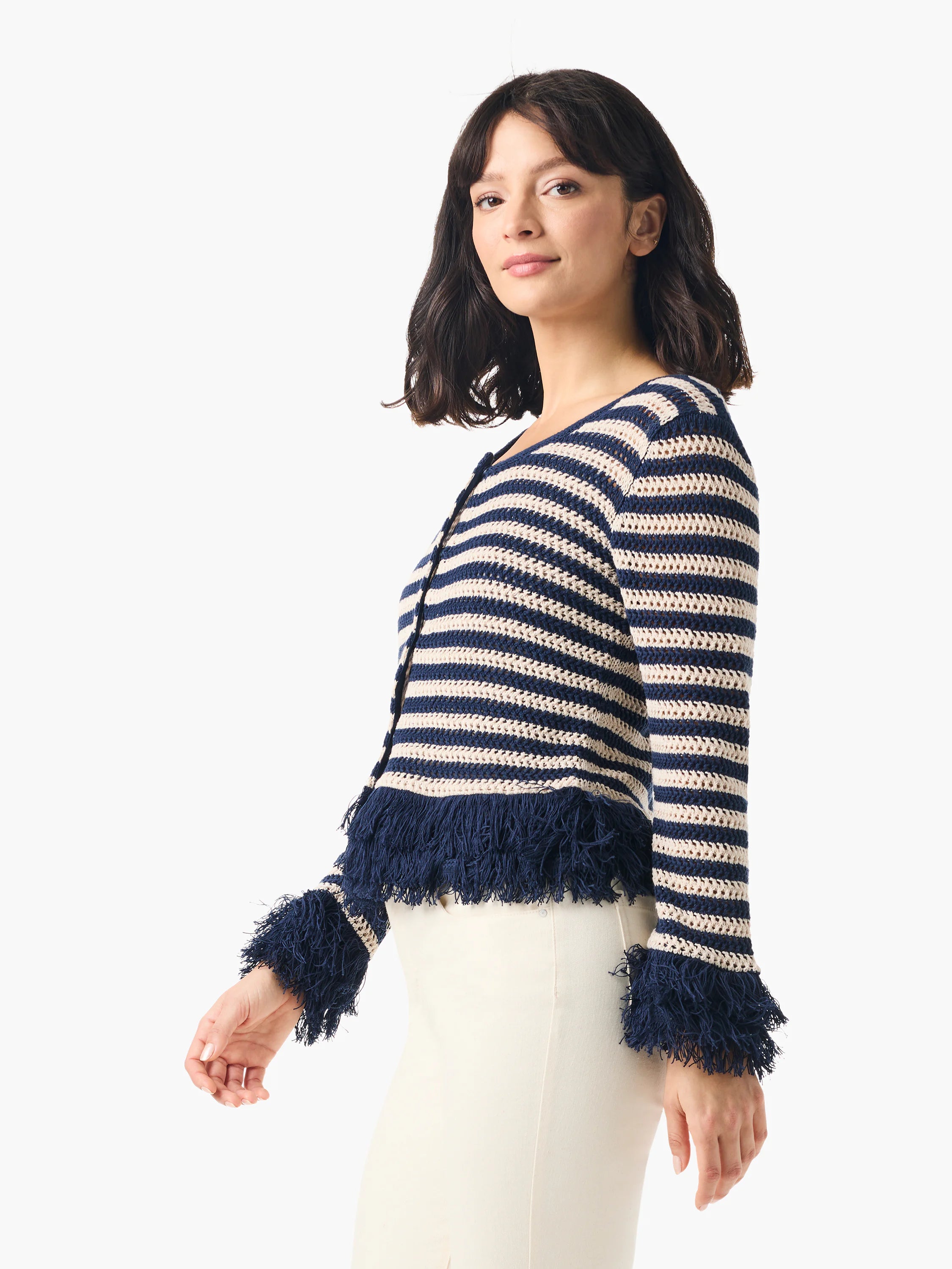 Navy blue and cream striped knit cardigan. Features fringe trim at cuffs and hem.