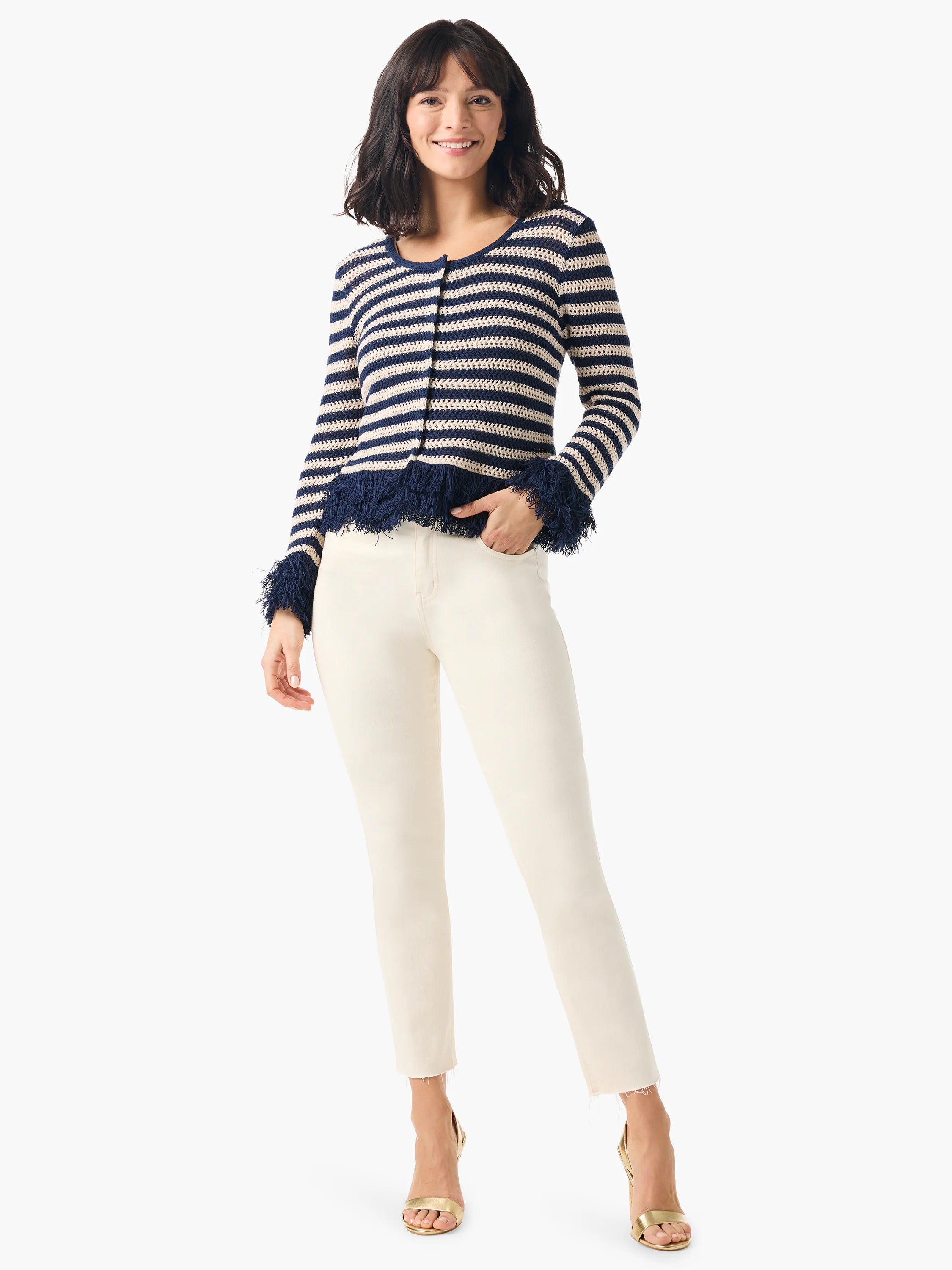 Navy and cream striped cardigan, open front, fringe trim at hem and cuffs.