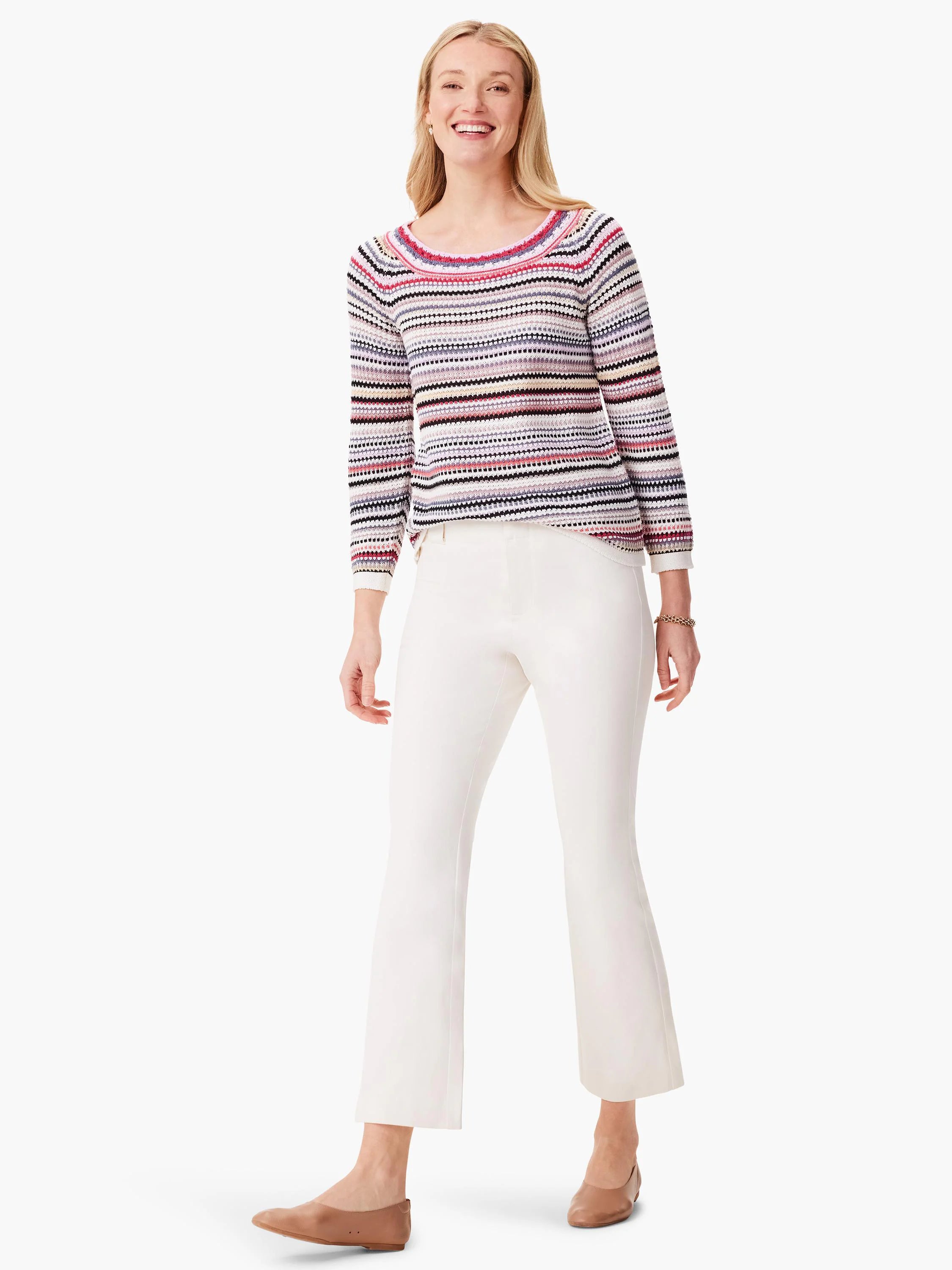 Here's alt text for the image, under 125 characters:
"Crochet sweater with horizontal stripes in off-white, pink,...