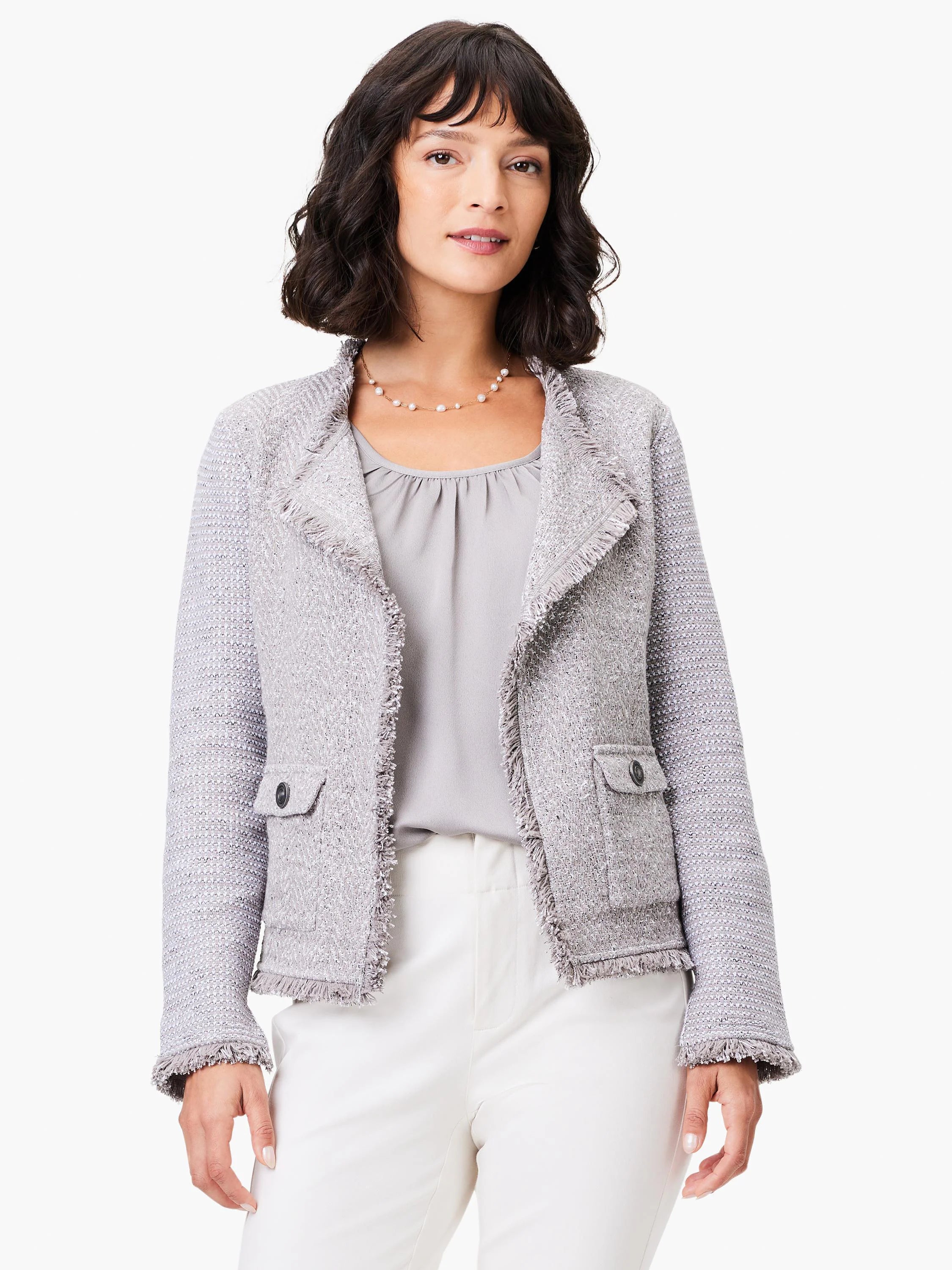 Silver-grey mix knit jacket with fringe trim on lapels/cuffs and two front buttoned pockets.