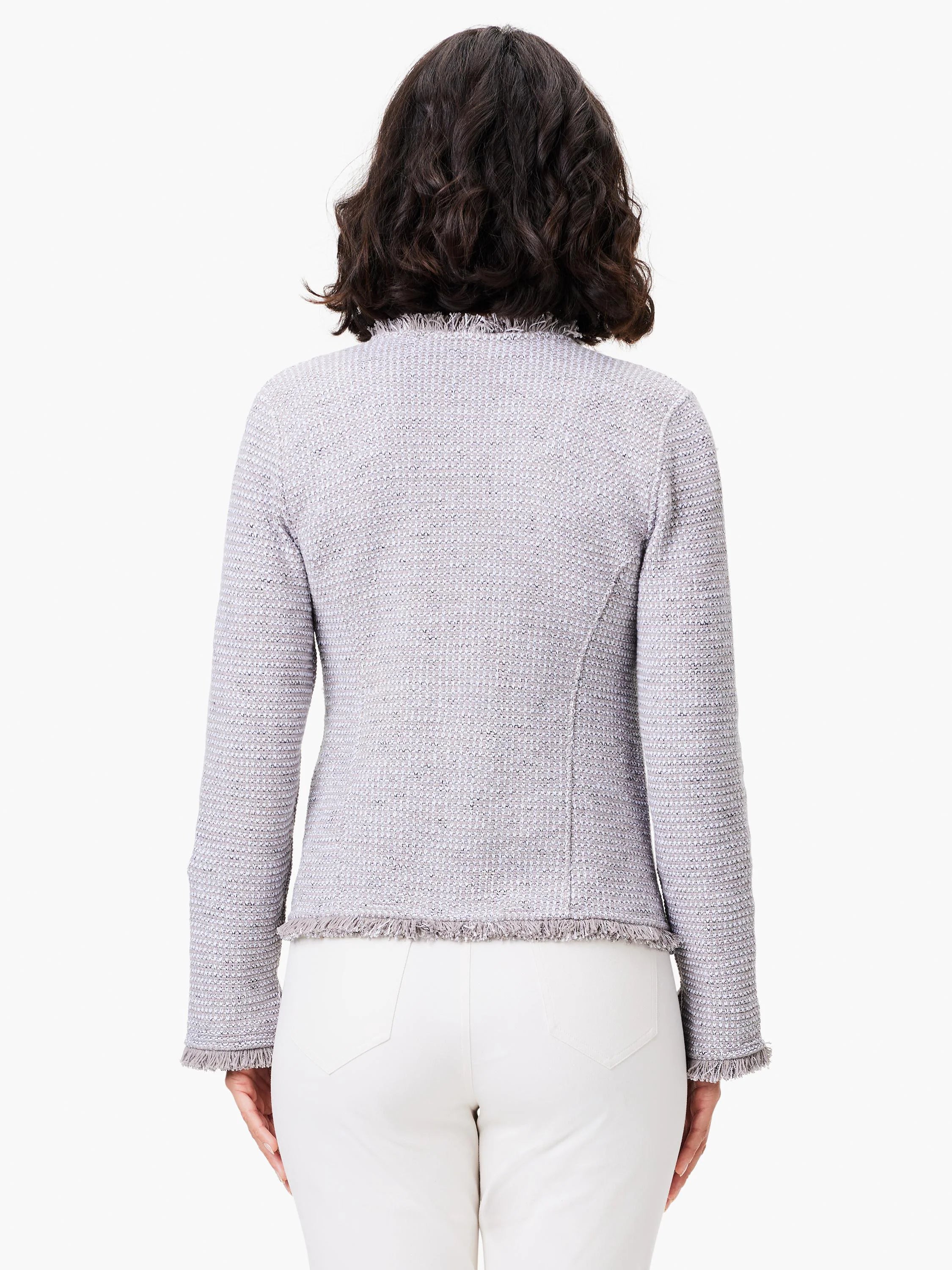Light grey mixed knit jacket, back view. Features fringe trim at the neckline, cuffs, and hem.