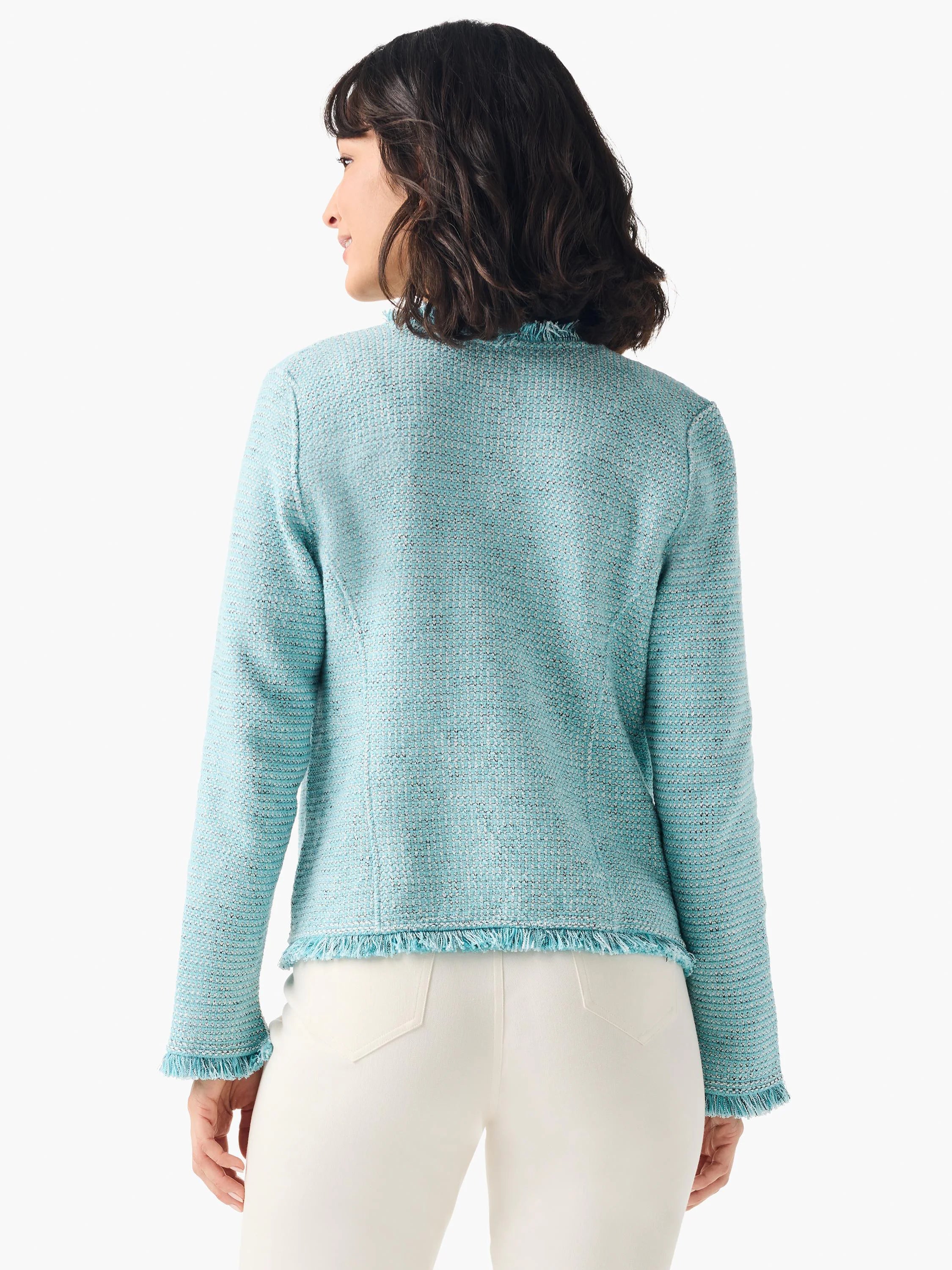 Aqua mix knit jacket with fringe trim at neck, hem, and cuffs.
