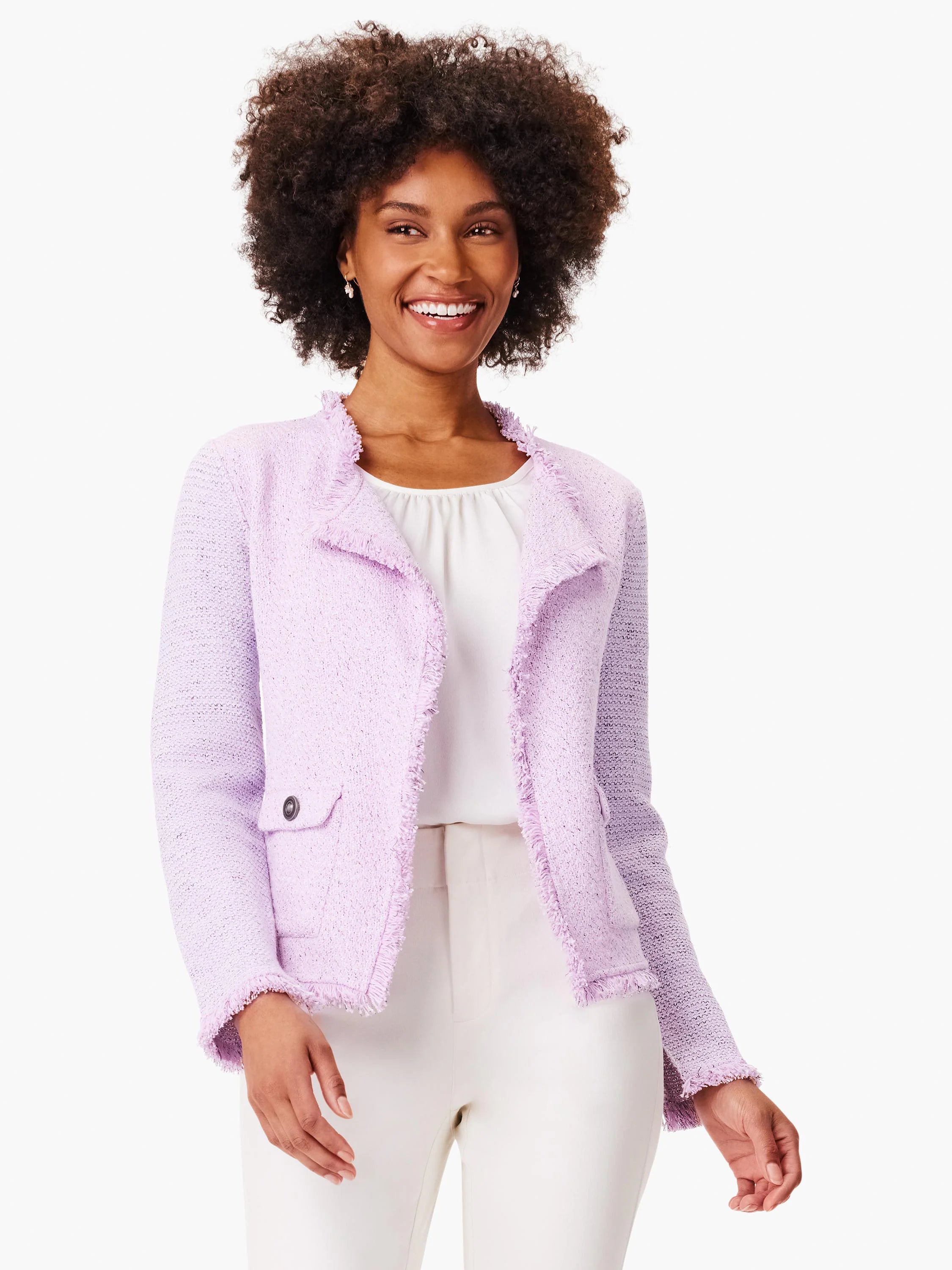 Light lavender mix knit jacket with fringe edges and a single flap chest pocket with a button.