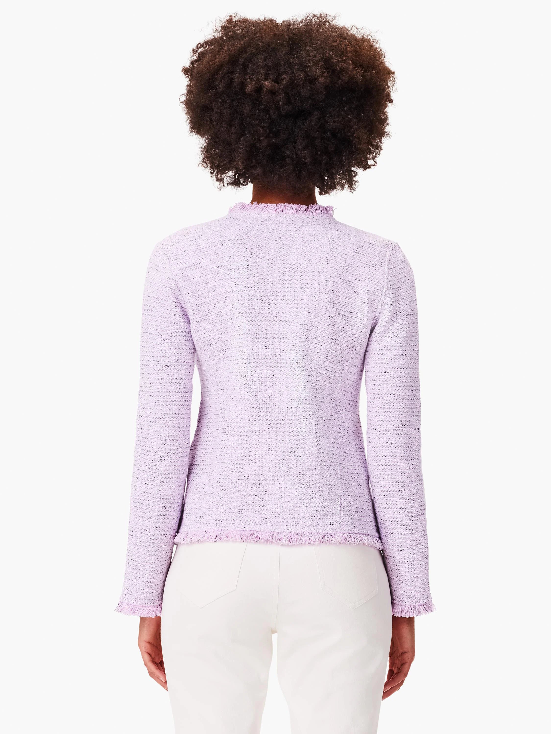 Light purple mix knit jacket, back view. Features fringe trim at collar, cuffs, and hem.