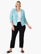 Light blue mix knit jacket with fringed edges, lapels, cuffs, and two buttoned patch pockets.