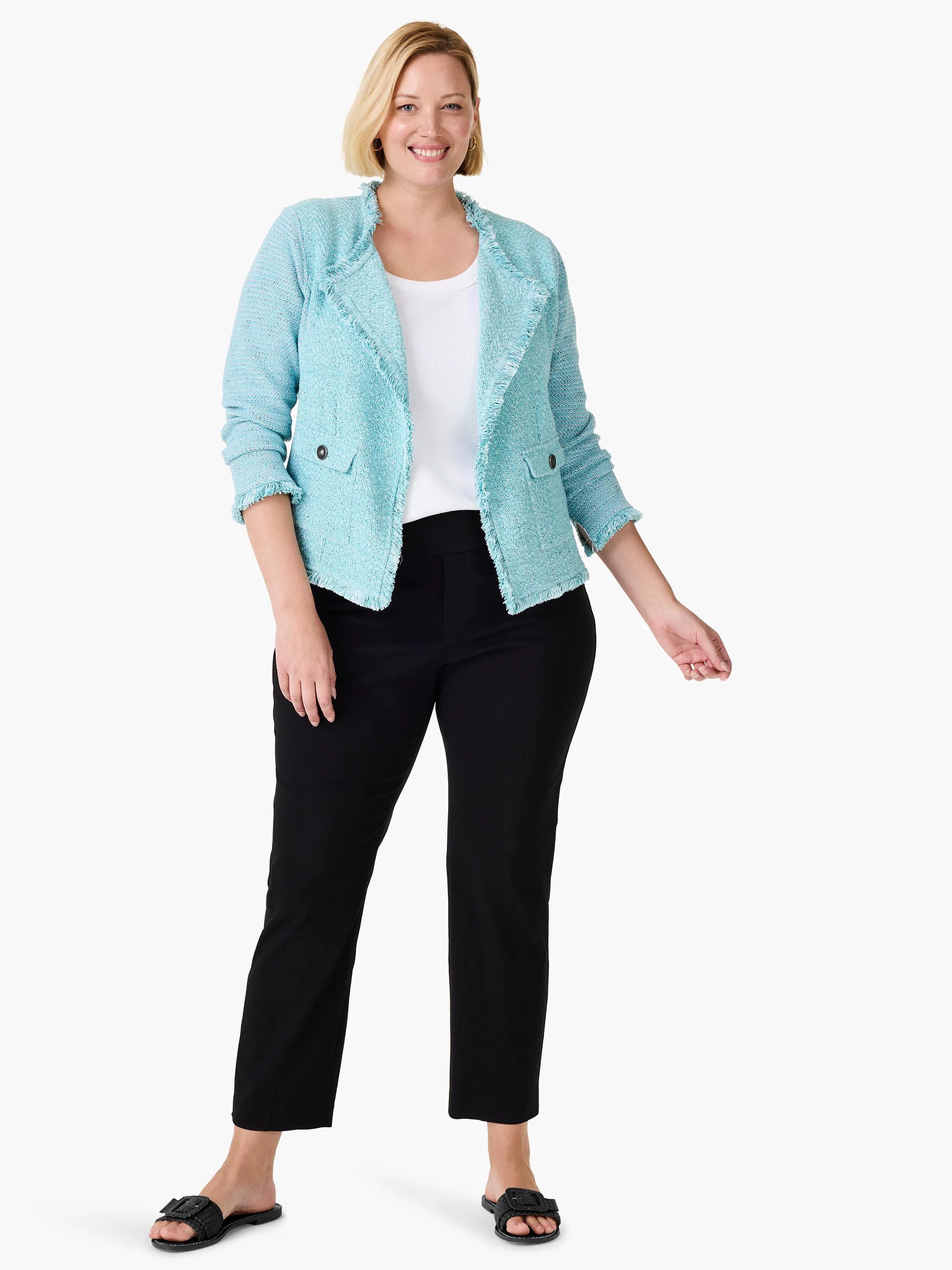 Light blue mix knit jacket with fringed edges, lapels, cuffs, and two buttoned patch pockets.