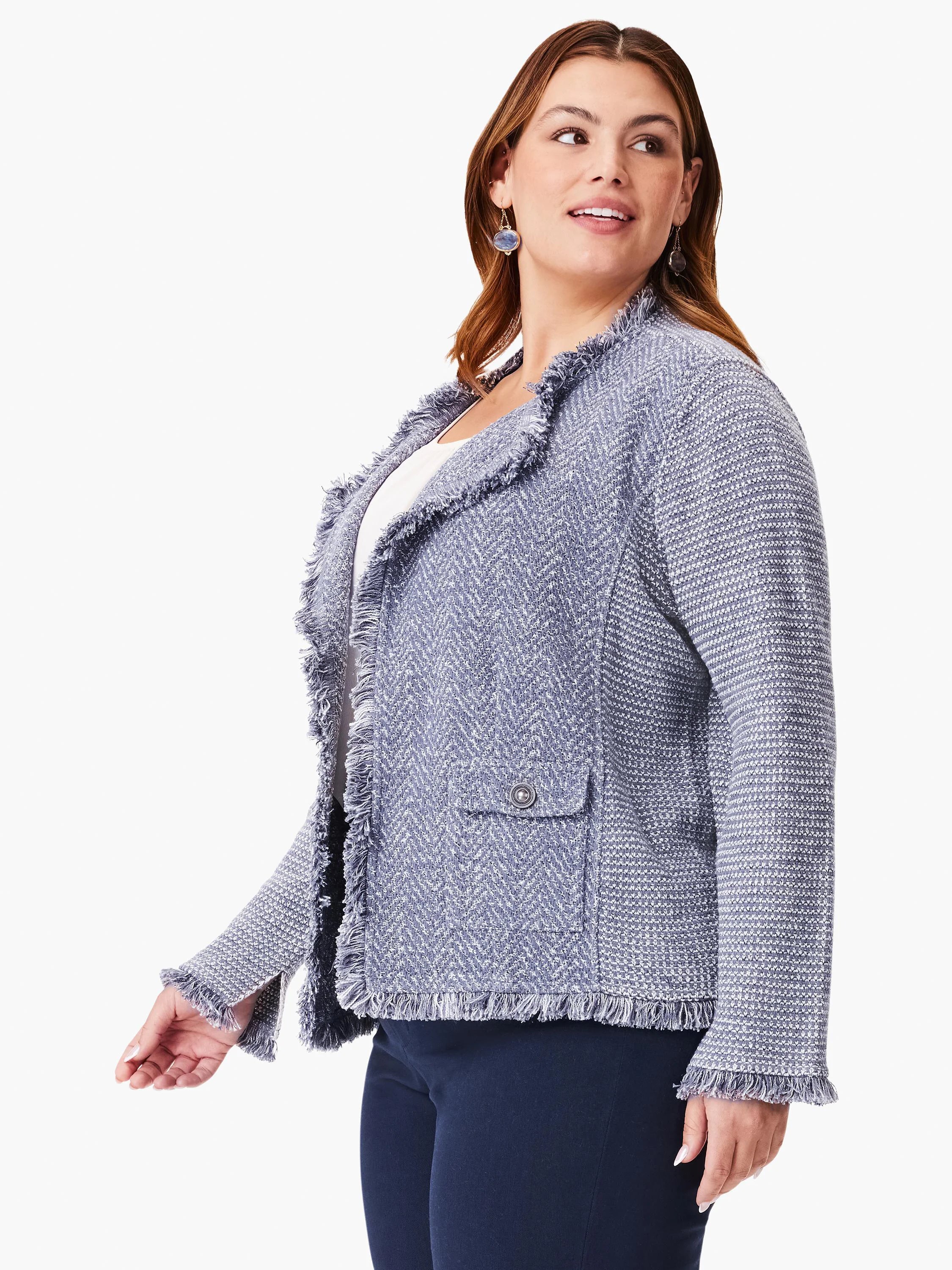 Textured periwinkle & white knit jacket with fringe edges, cuffs, hem, and a button-flap pocket.