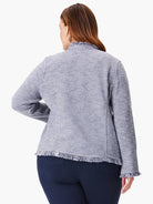 Textured light blue and white knit jacket with fringe along hem, collar, and cuffs. Back view.